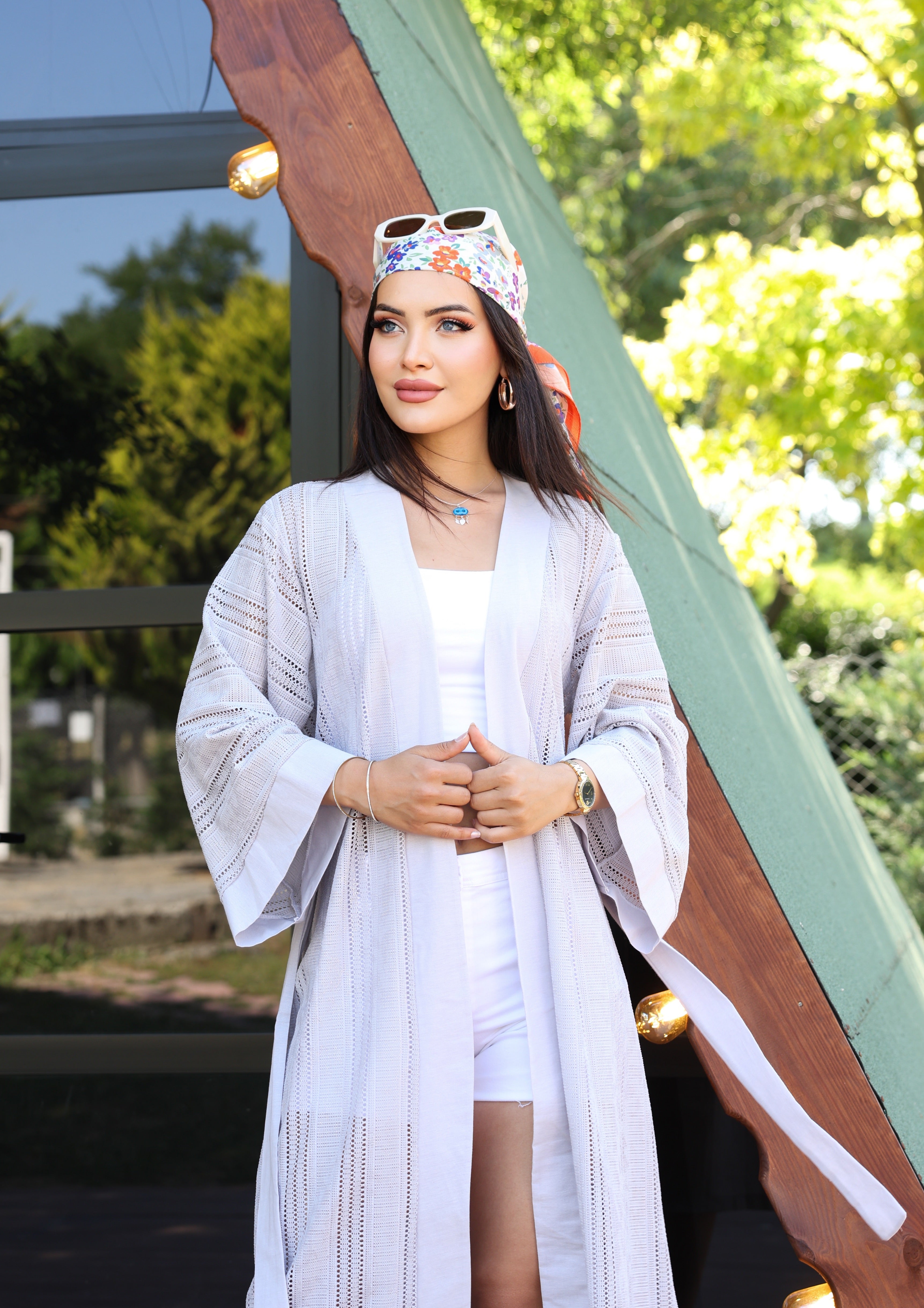 Desenli File & Dokuma Kimono – Standart Beden