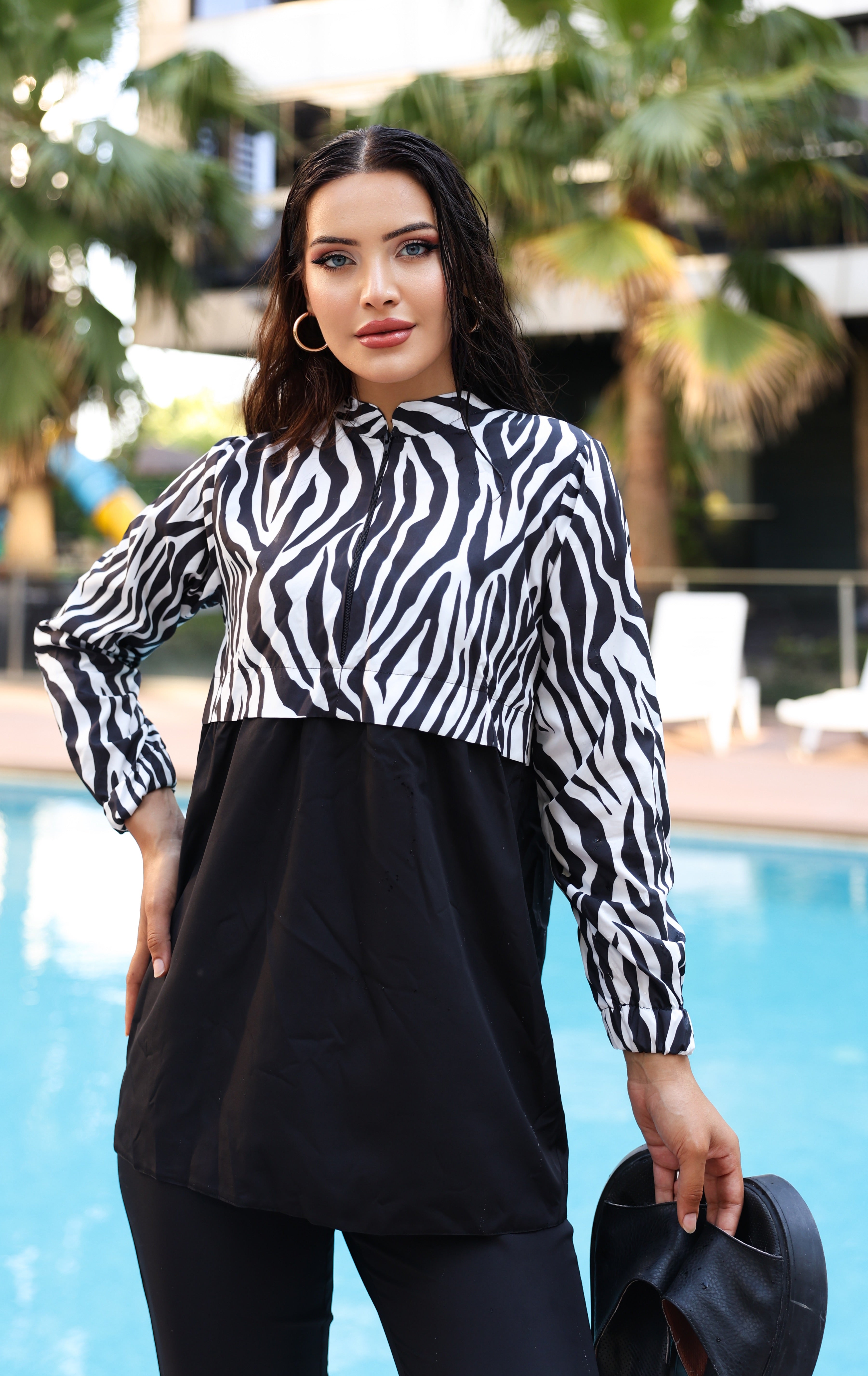 Kadın Zebra Desenli Tam Kapalı Tesettür Mayo Haşema