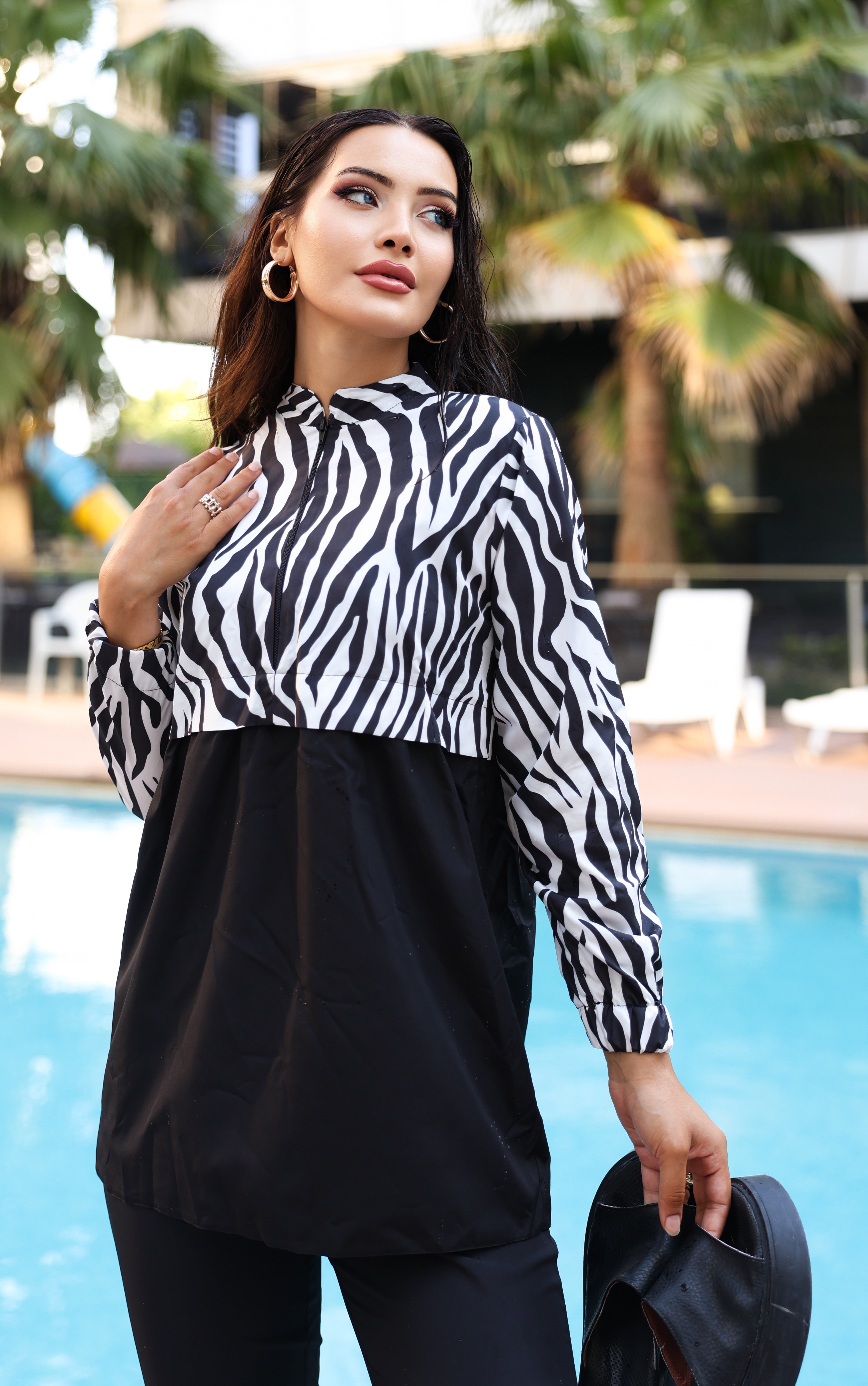 Kadın Zebra Desenli Tam Kapalı Tesettür Mayo Haşema