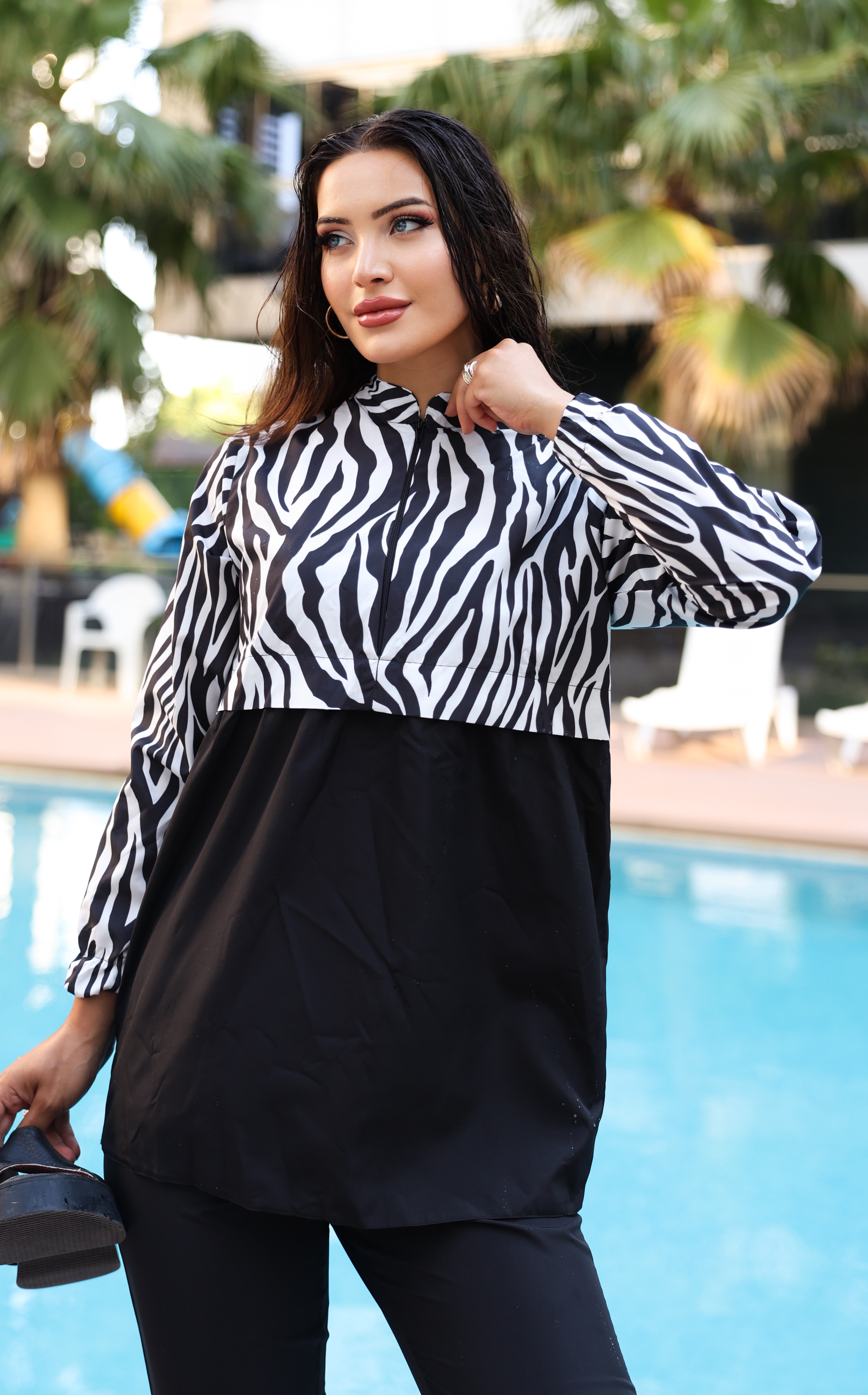 Kadın Zebra Desenli Tam Kapalı Tesettür Mayo Haşema