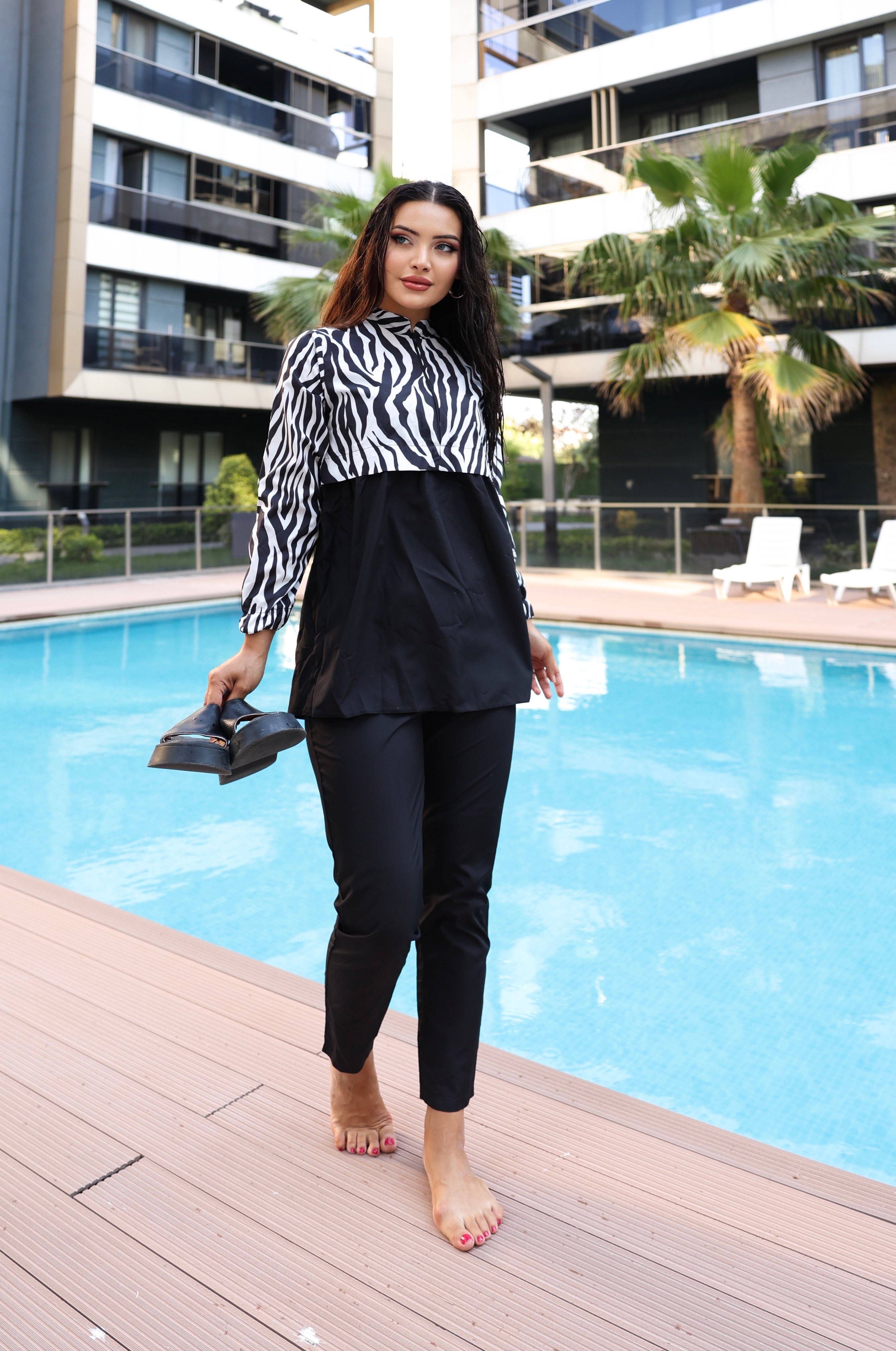 Kadın Zebra Desenli Tam Kapalı Tesettür Mayo Haşema