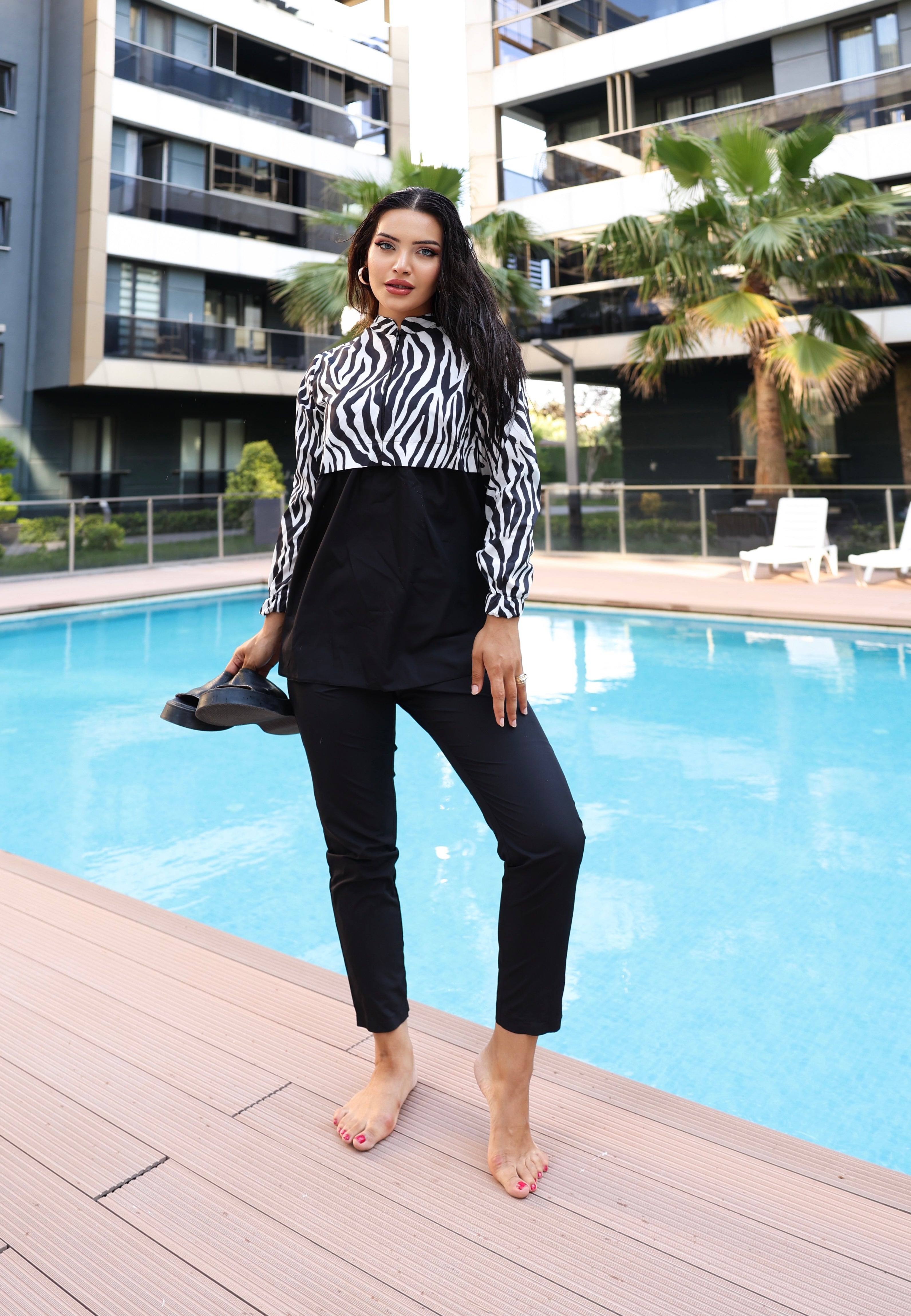 Kadın Zebra Desenli Tam Kapalı Tesettür Mayo Haşema