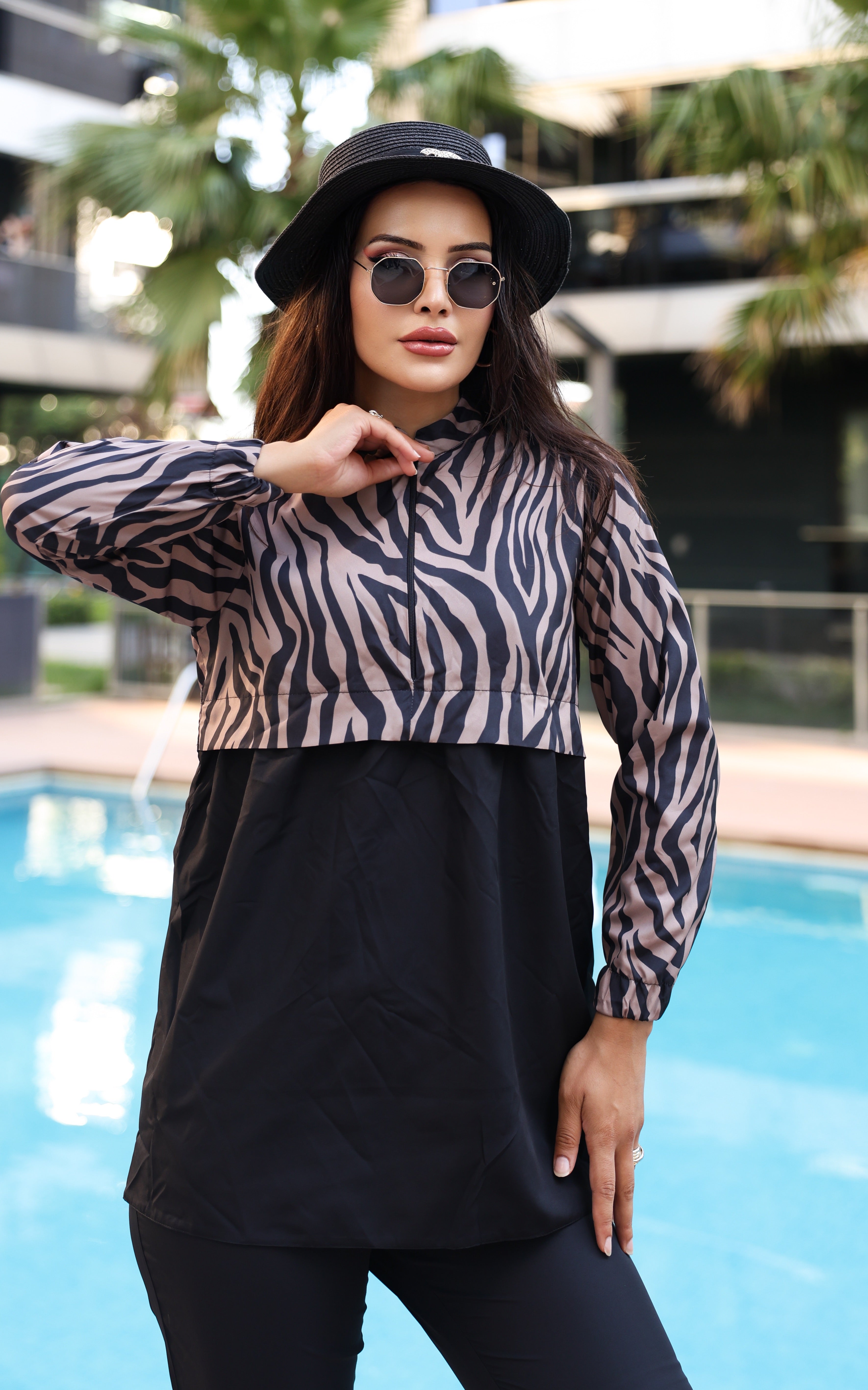 Kadın Zebra Desenli Tam Kapalı Tesettür Mayo Haşema