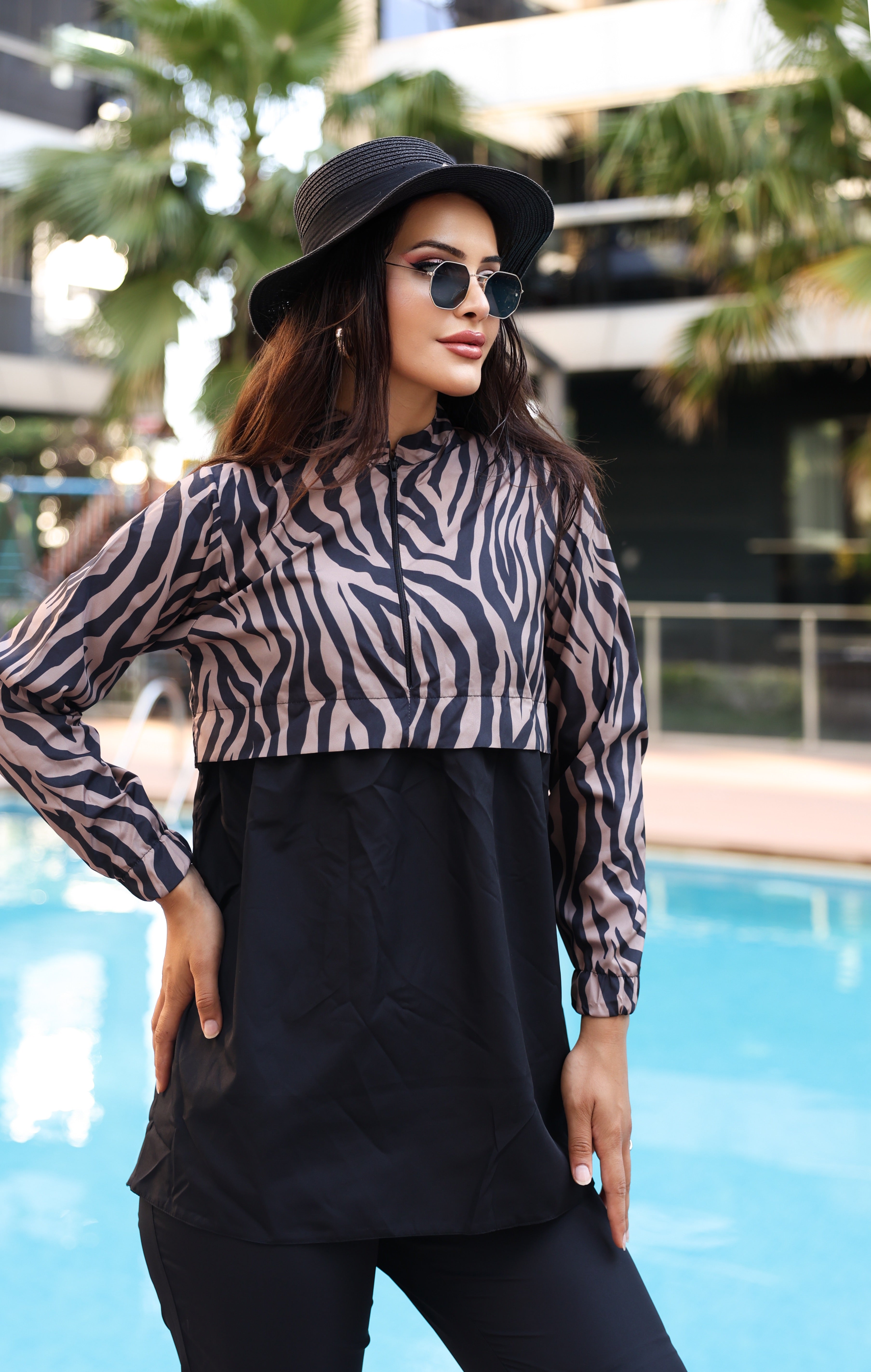 Kadın Zebra Desenli Tam Kapalı Tesettür Mayo Haşema