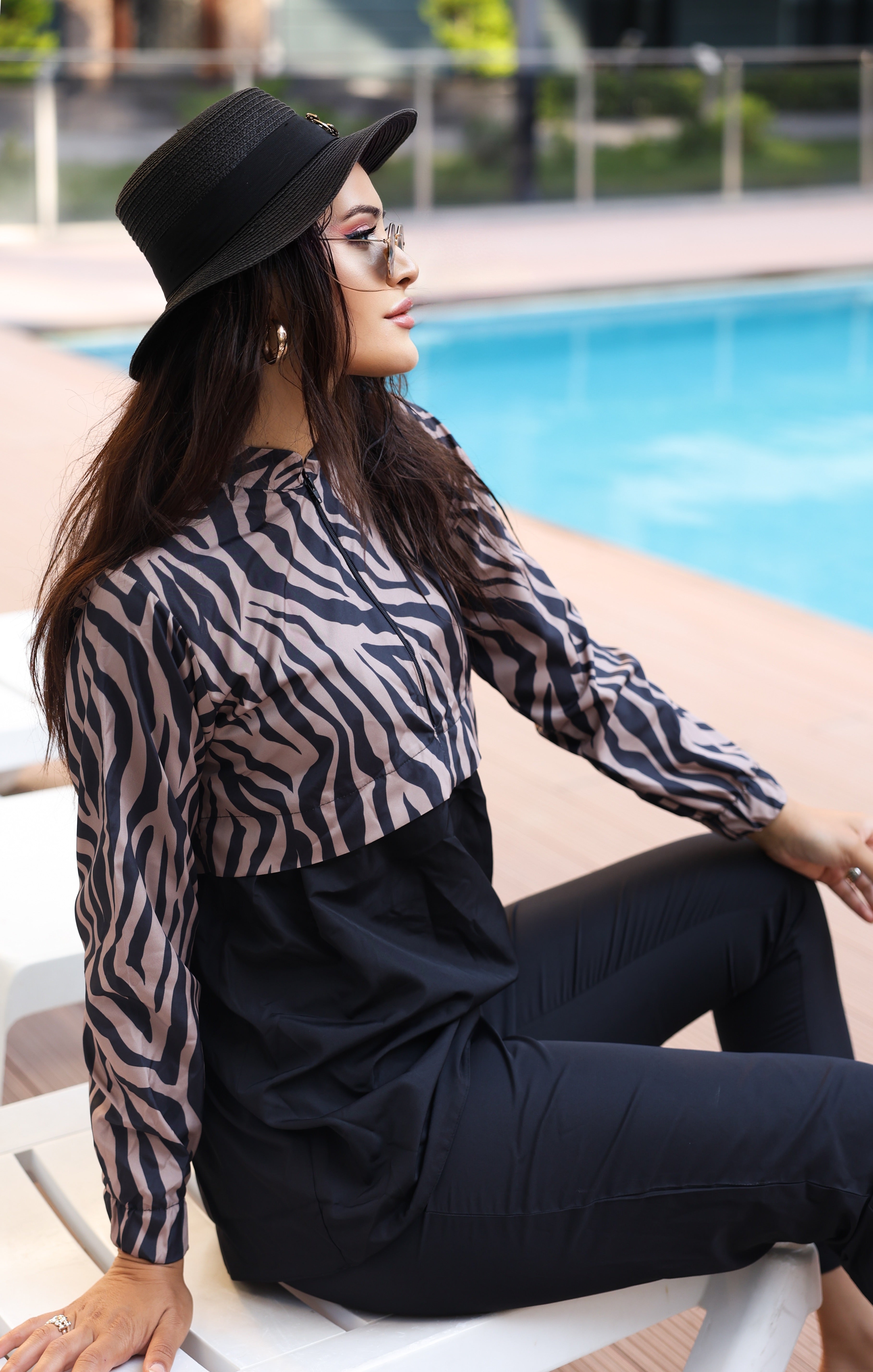 Kadın Zebra Desenli Tam Kapalı Tesettür Mayo Haşema