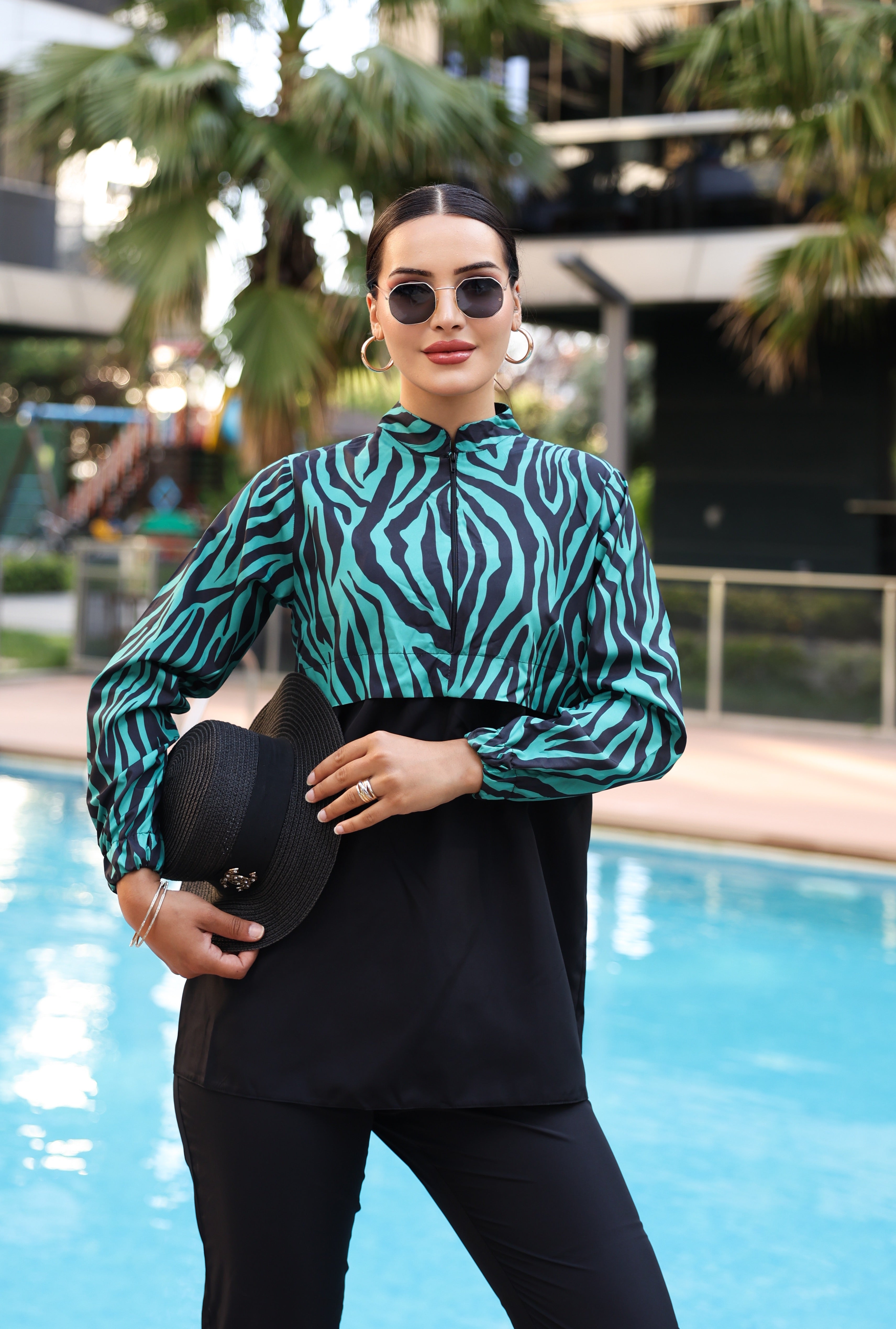 Kadın Zebra Desenli Tam Kapalı Tesettür Mayo Haşema