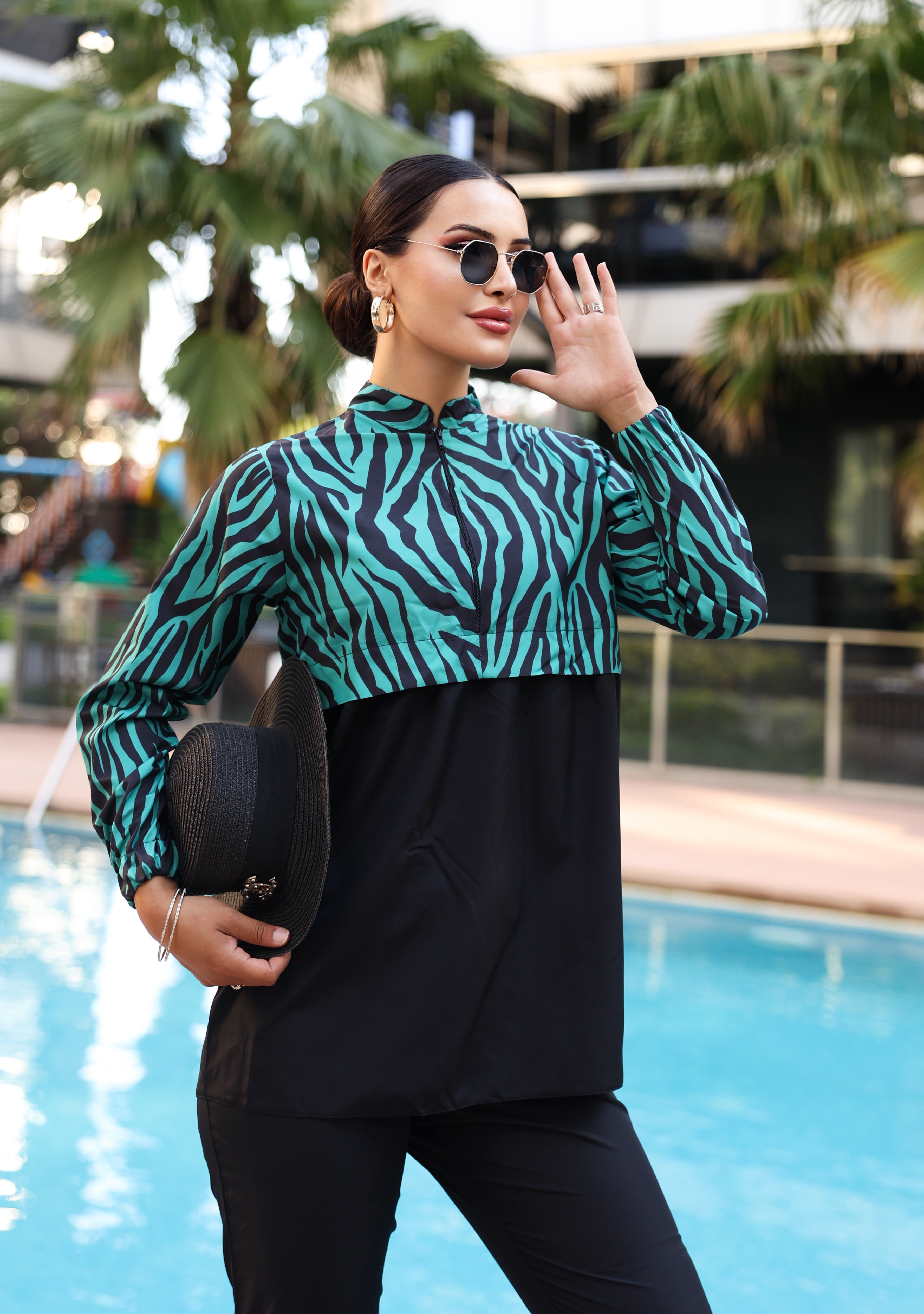 Kadın Zebra Desenli Tam Kapalı Tesettür Mayo Haşema