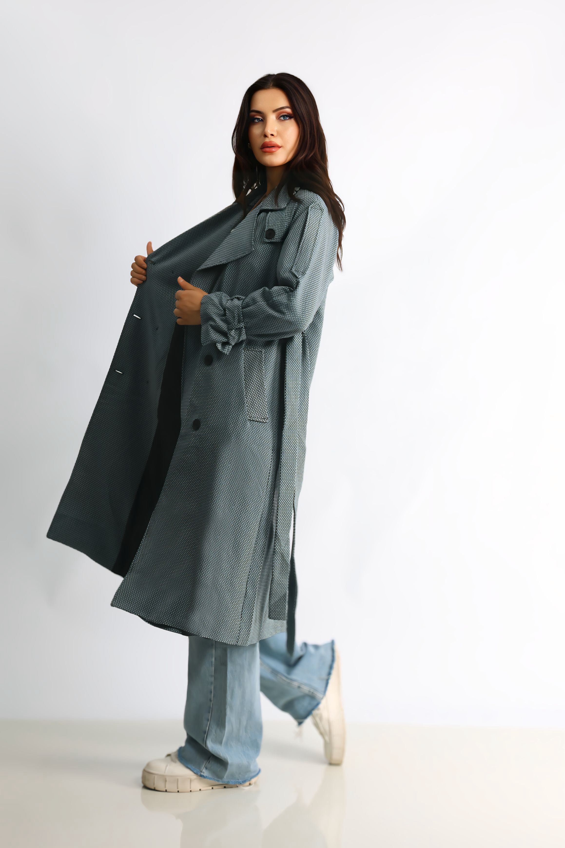 Trençkot Desenli Oversize Astarlı Geniş Kesim Nidal