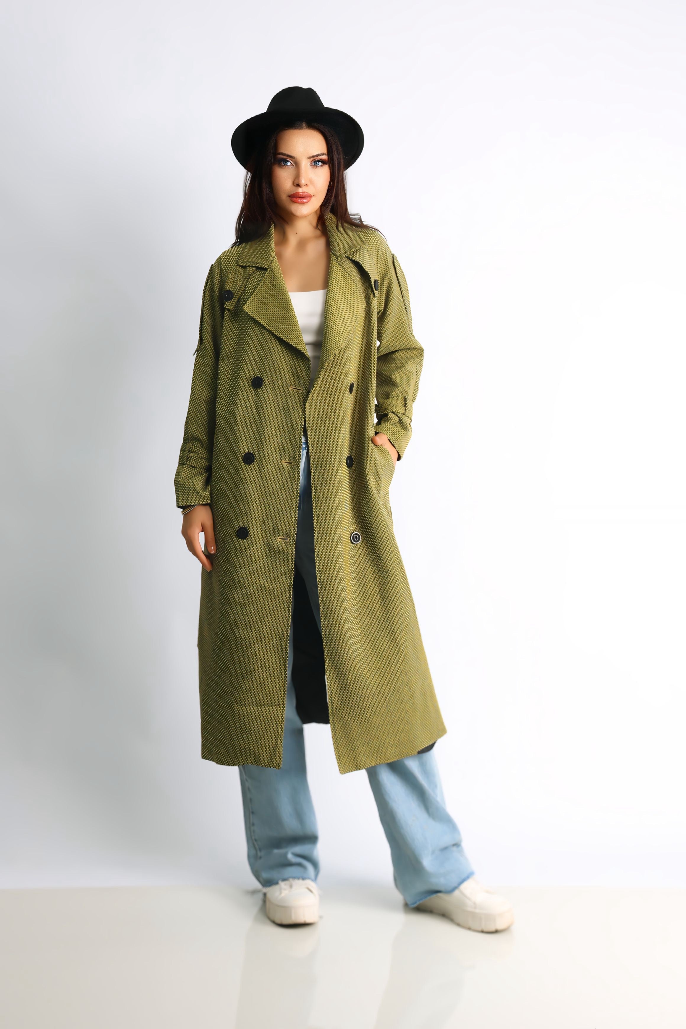 Trençkot Desenli Oversize Astarlı Geniş Kesim Nidal