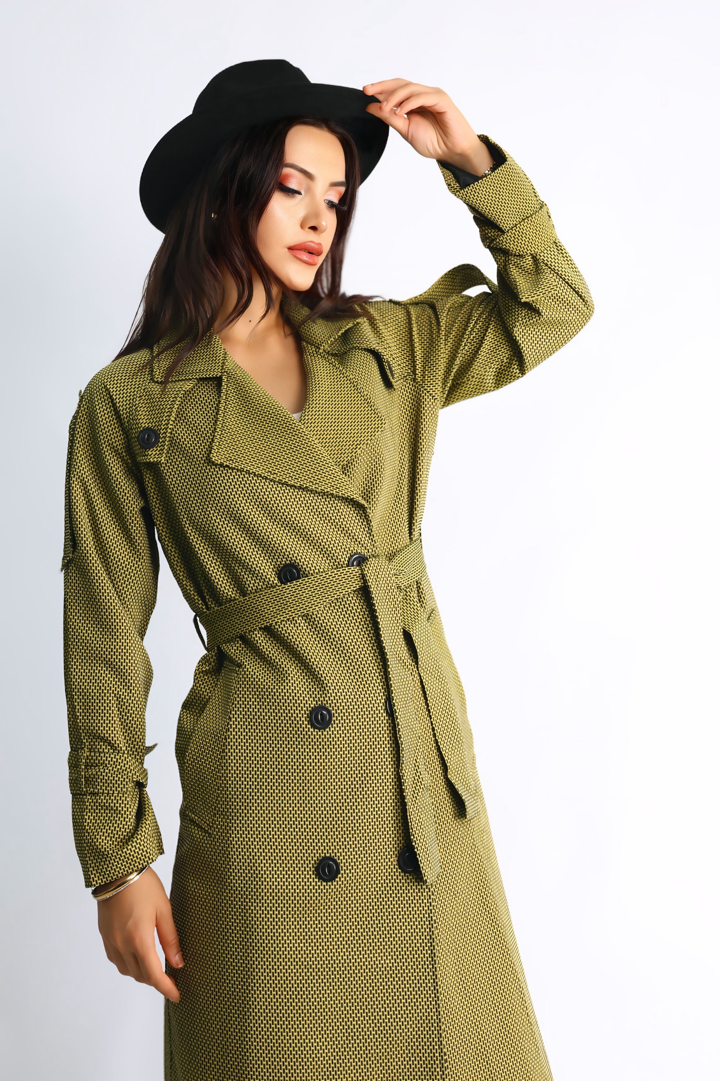 Trençkot Desenli Oversize Astarlı Geniş Kesim Nidal