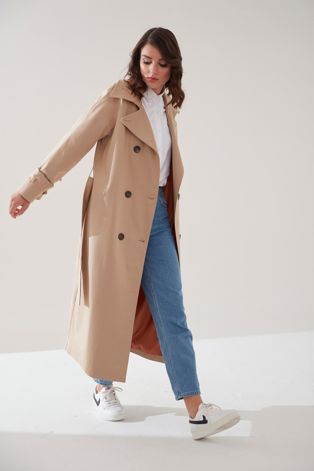 Trençkot Oversize Kol Detaylı Astarlı Geniş Kesim Reglan