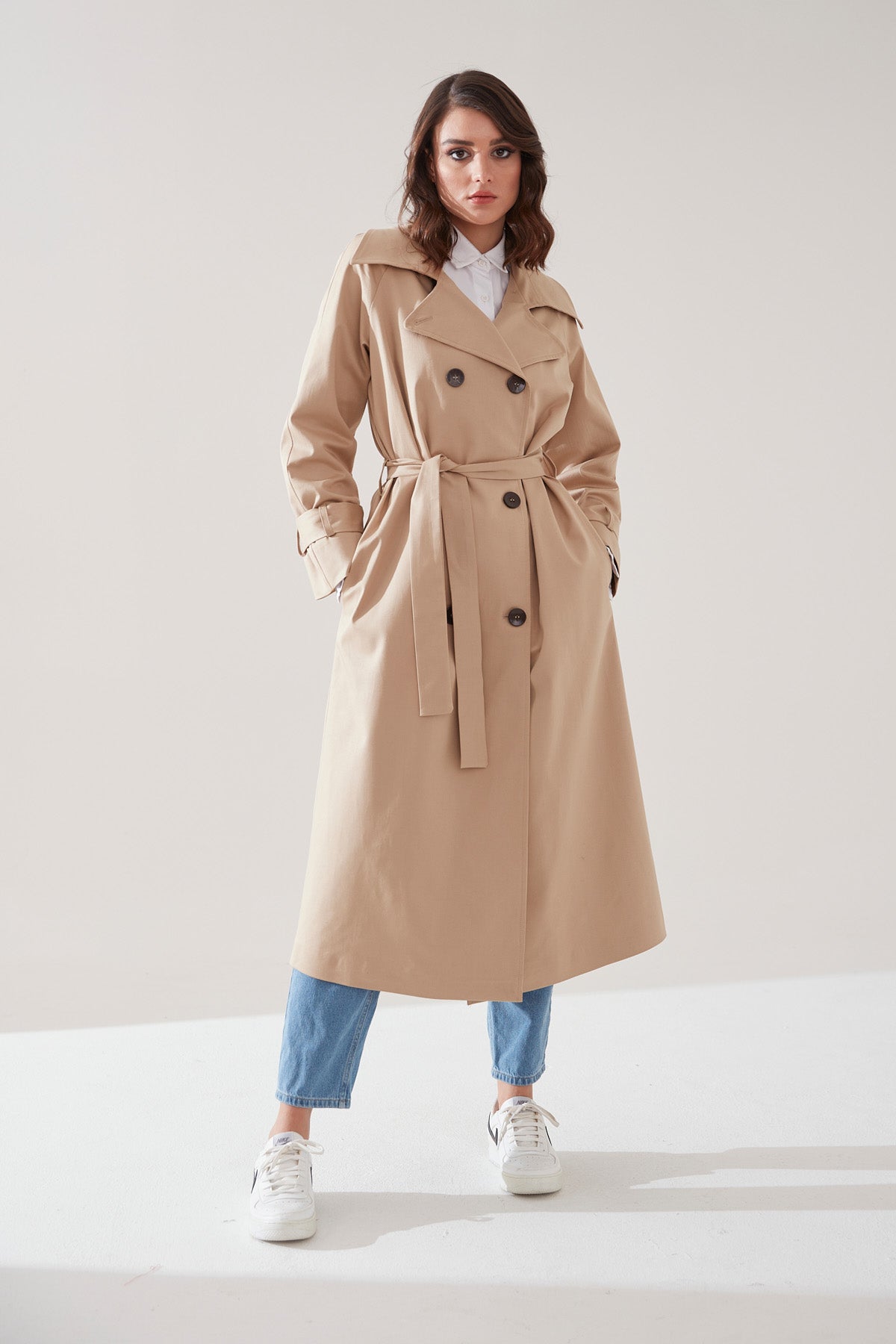 Trençkot Oversize Kol Detaylı Astarlı Geniş Kesim Reglan