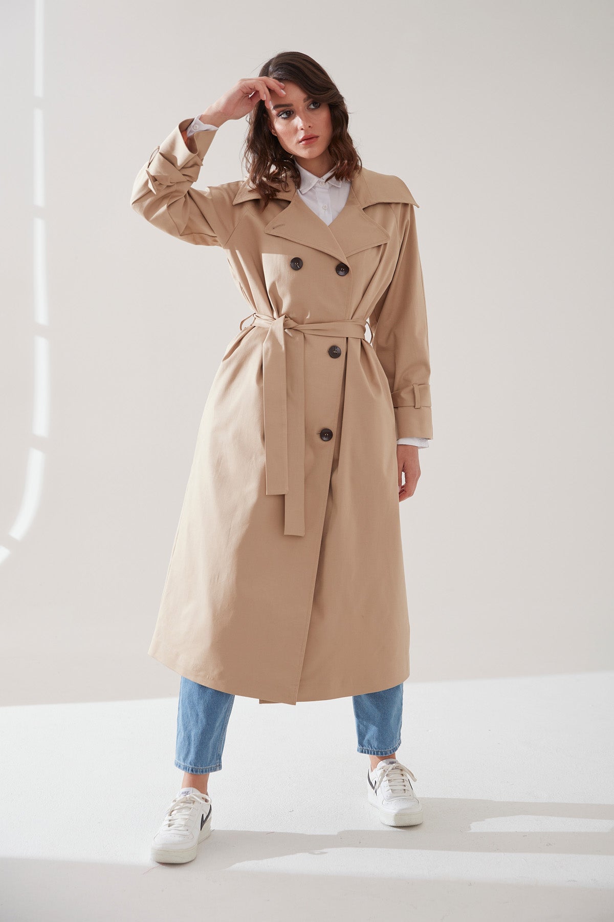 Trençkot Oversize Kol Detaylı Astarlı Geniş Kesim Reglan