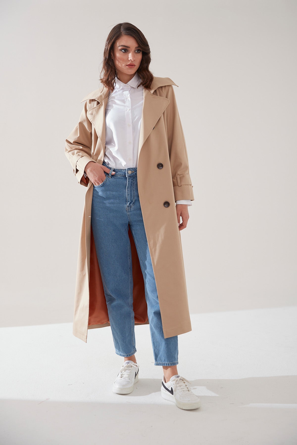 Trençkot Oversize Kol Detaylı Astarlı Geniş Kesim Reglan