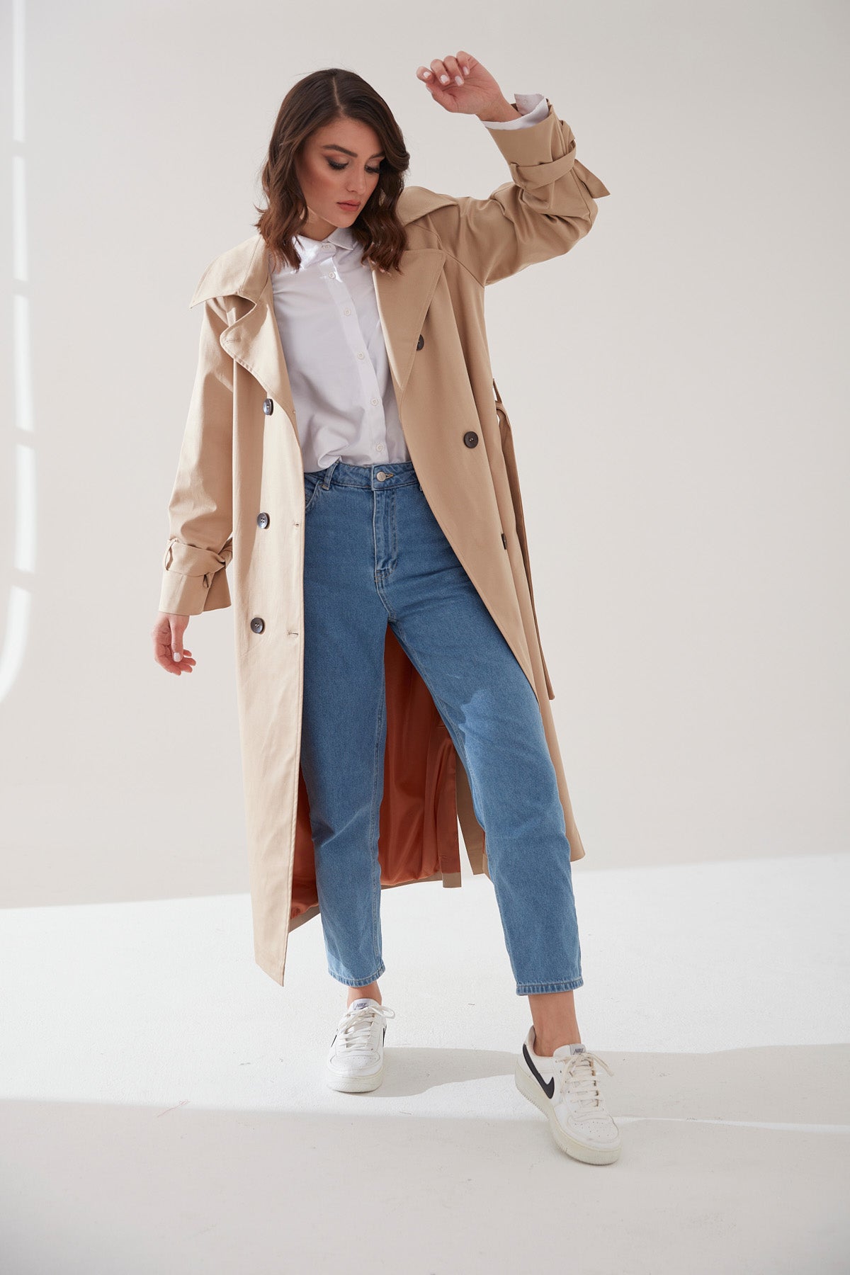 Trençkot Oversize Kol Detaylı Astarlı Geniş Kesim Reglan