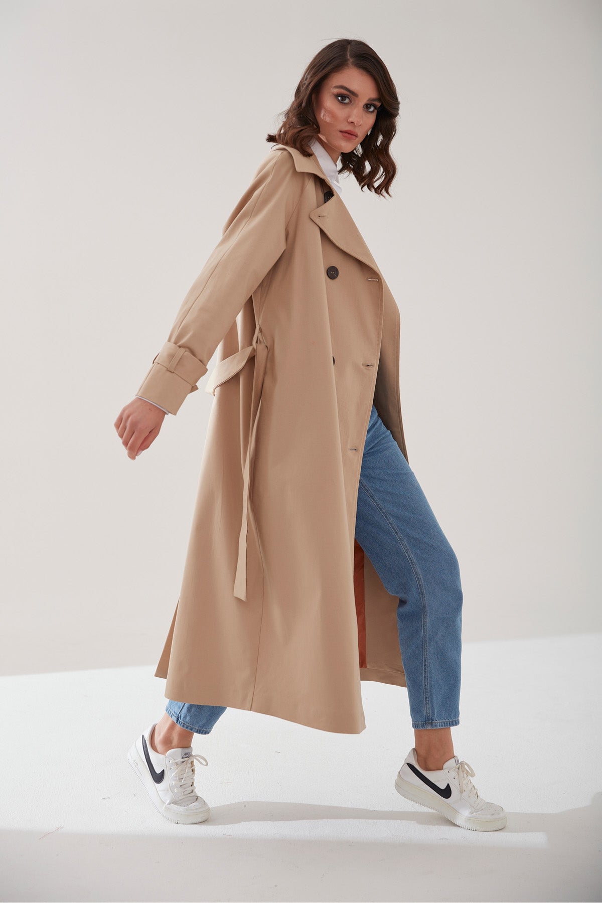 Trençkot Oversize Kol Detaylı Astarlı Geniş Kesim Reglan