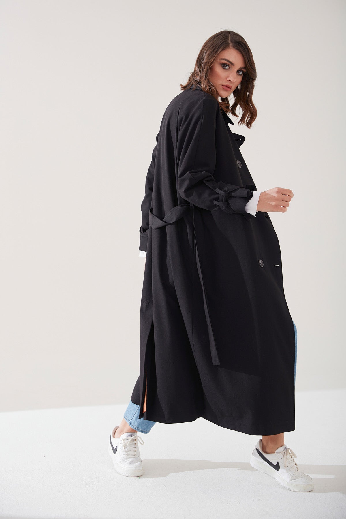 Trençkot Oversize Kol Detaylı Astarlı Geniş Kesim Reglan