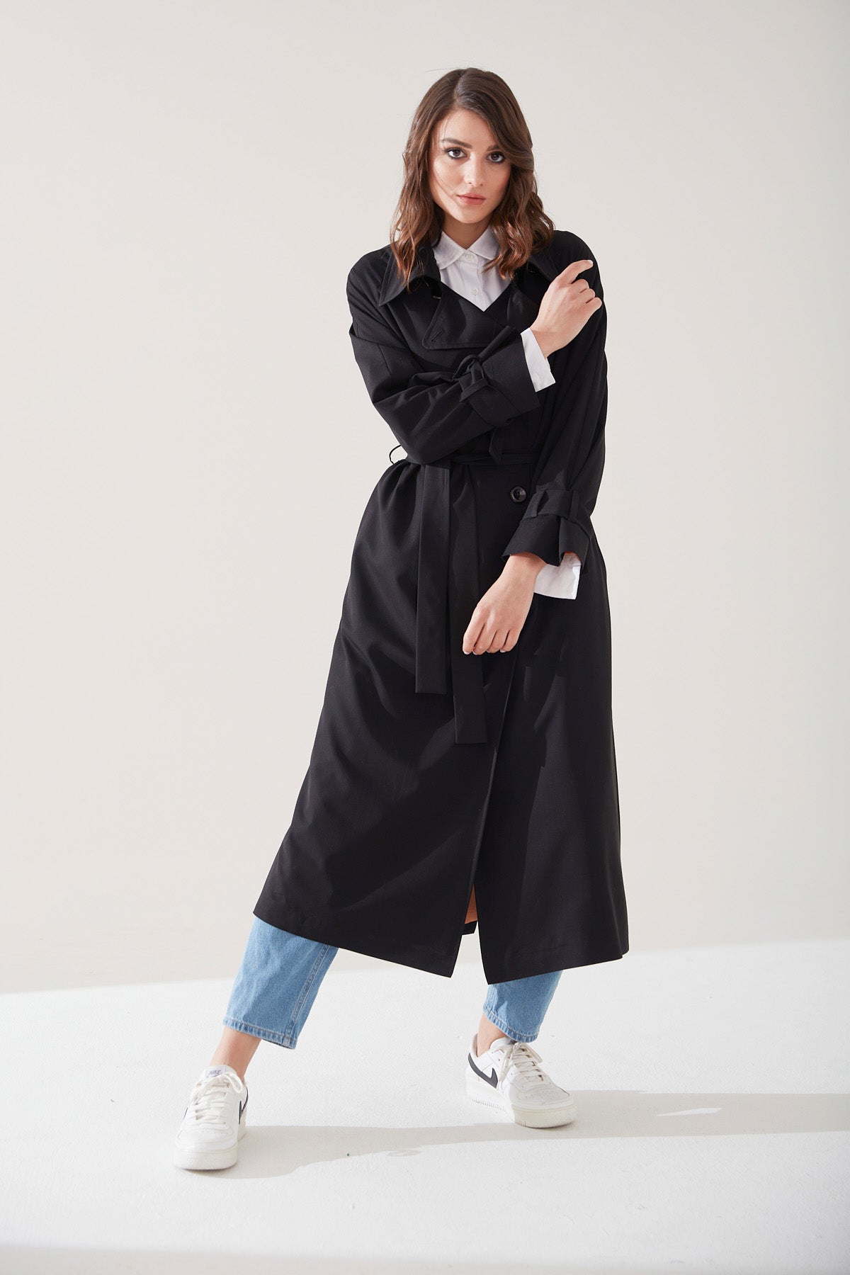 Trençkot Oversize Kol Detaylı Astarlı Geniş Kesim Reglan