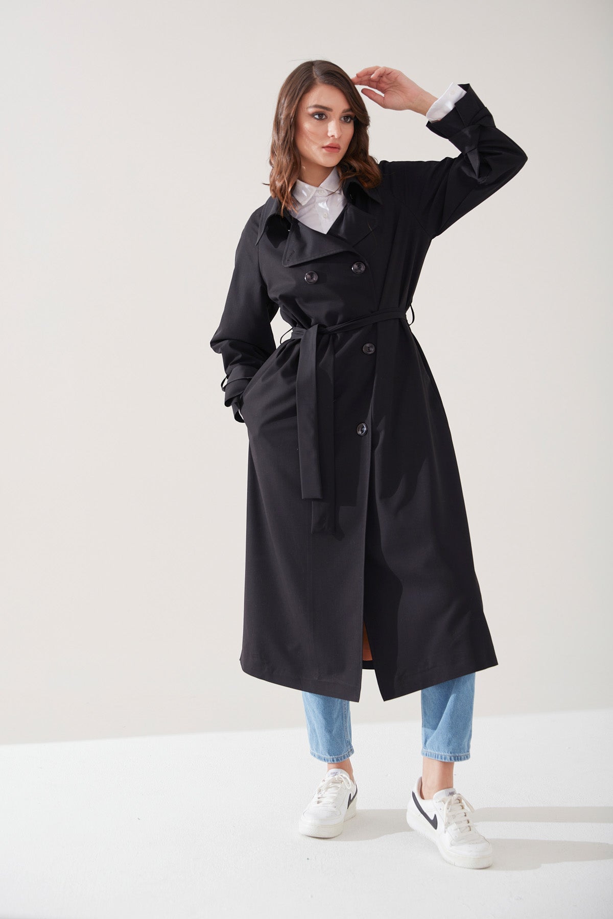 Trençkot Oversize Kol Detaylı Astarlı Geniş Kesim Reglan