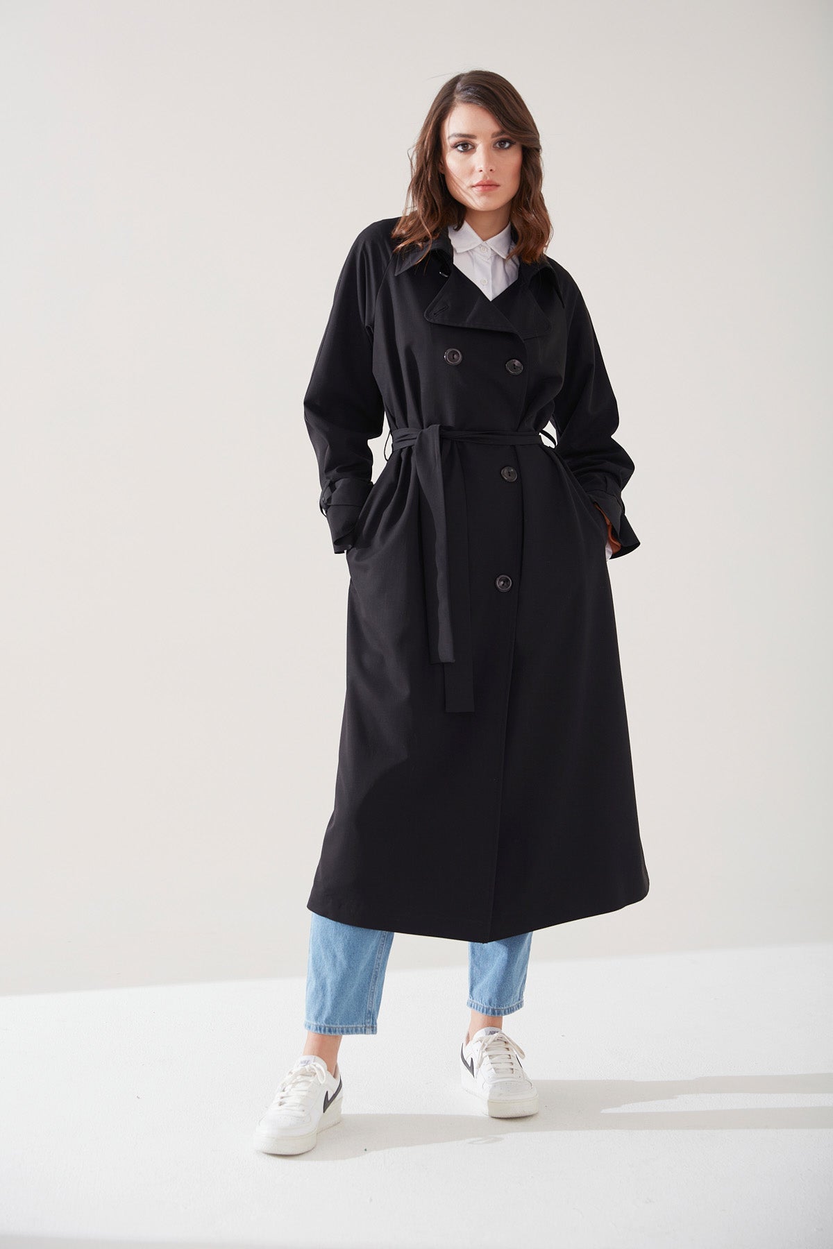 Trençkot Oversize Kol Detaylı Astarlı Geniş Kesim Reglan