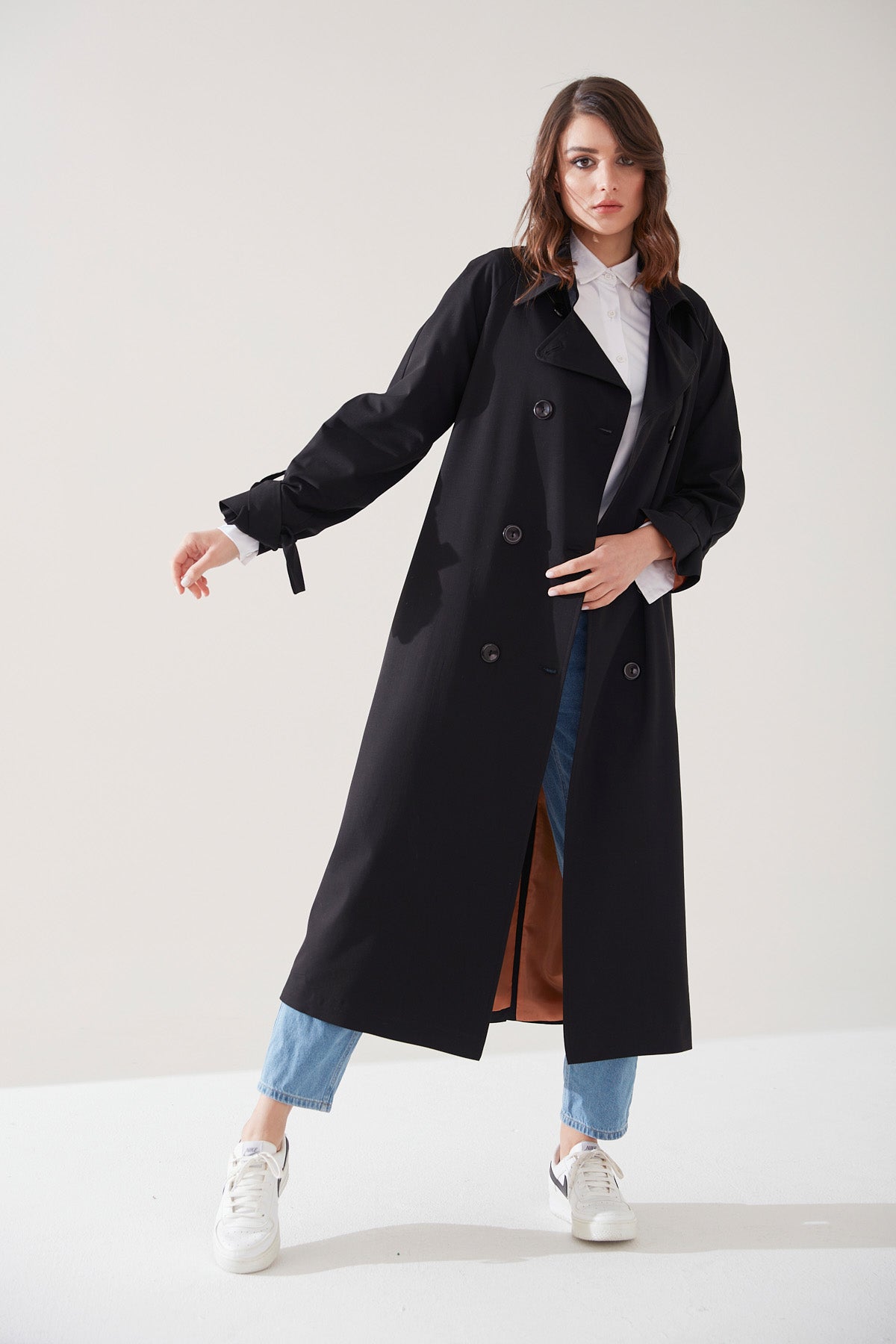 Trençkot Oversize Kol Detaylı Astarlı Geniş Kesim Reglan