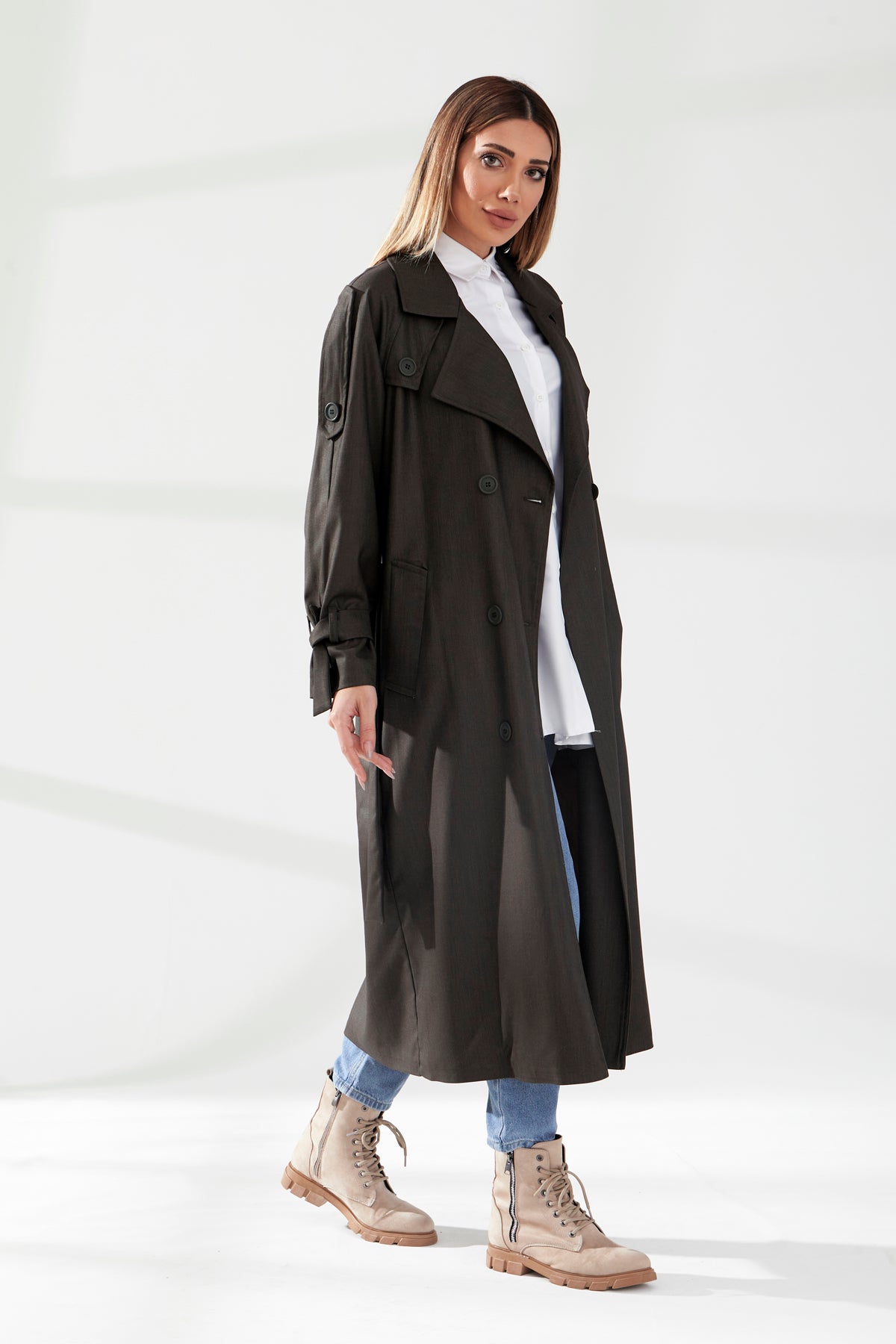 Trençkot Desenli Oversize Astarlı Geniş Kesim Nidal
