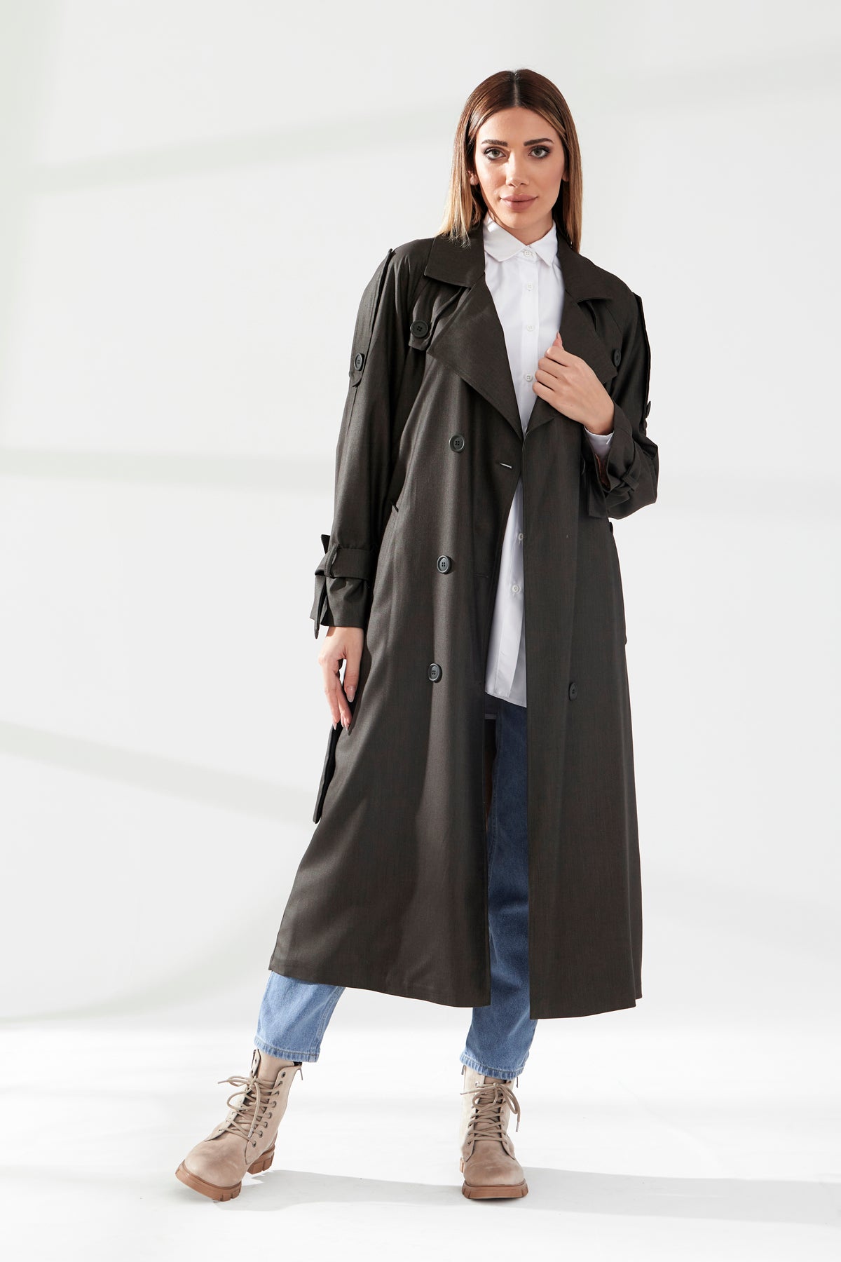 Trençkot Desenli Oversize Astarlı Geniş Kesim Nidal
