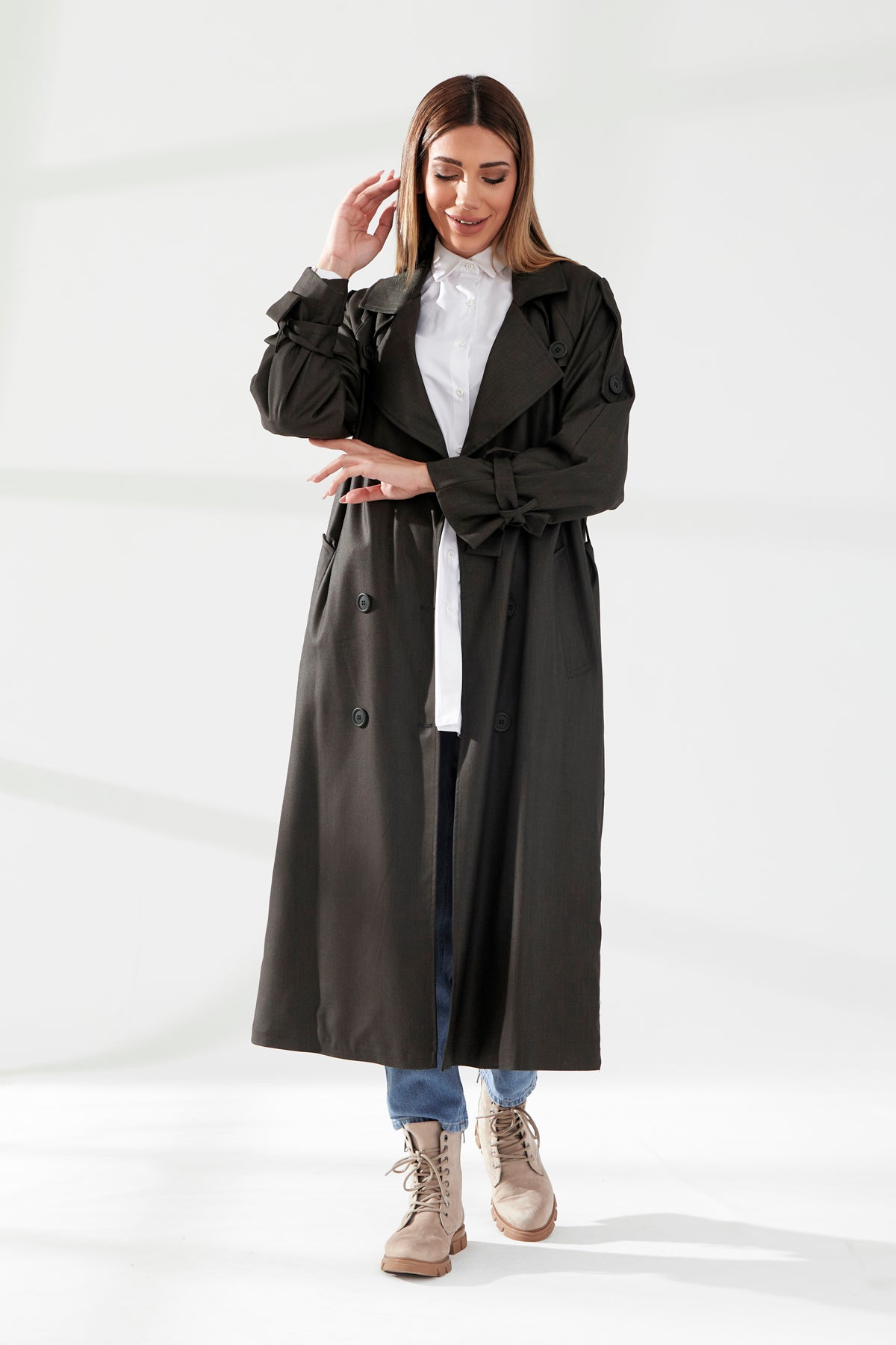 Trençkot Desenli Oversize Astarlı Geniş Kesim Nidal