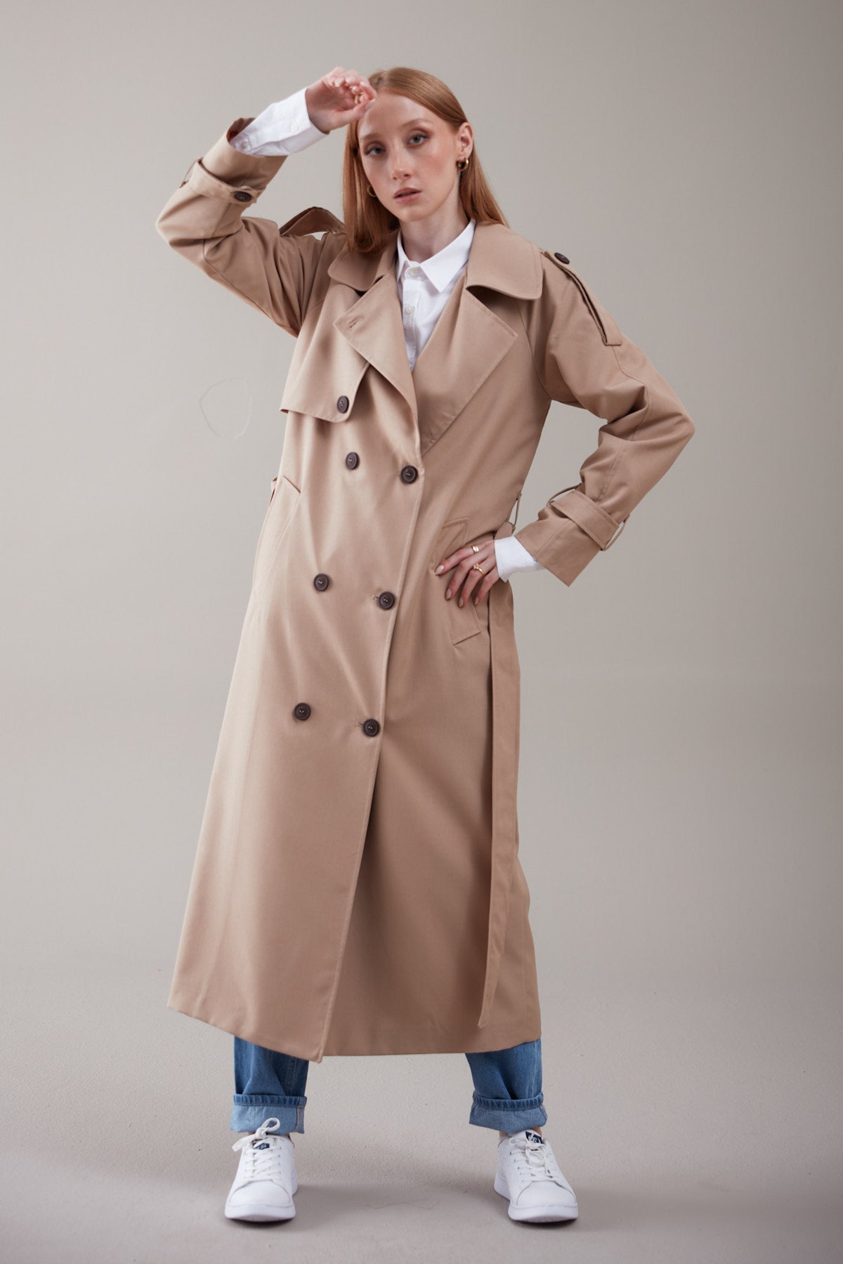 Trençkot Oversize Kol Detaylı Astarlı Geniş Kesim Momente