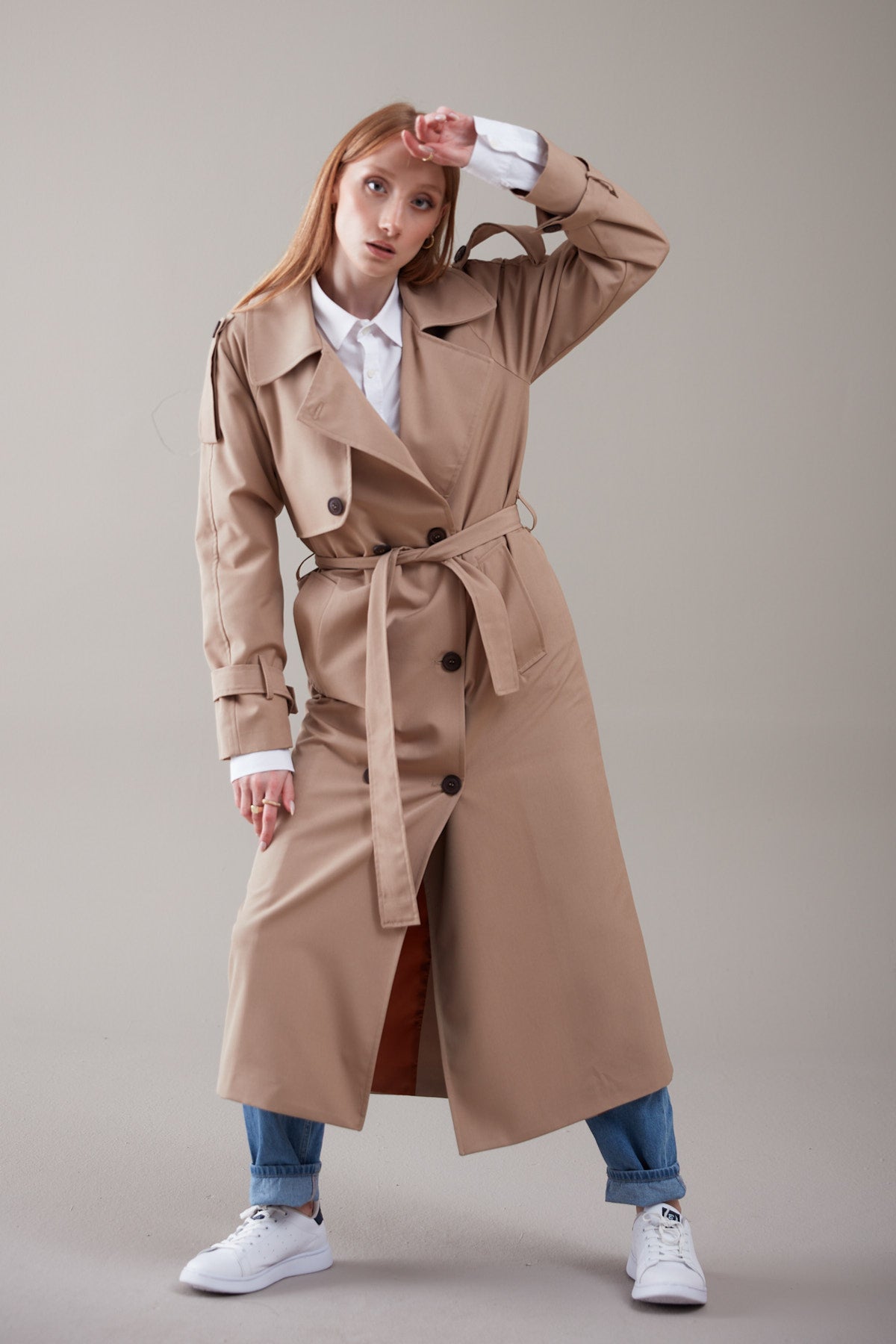 Trençkot Oversize Kol Detaylı Astarlı Geniş Kesim Momente