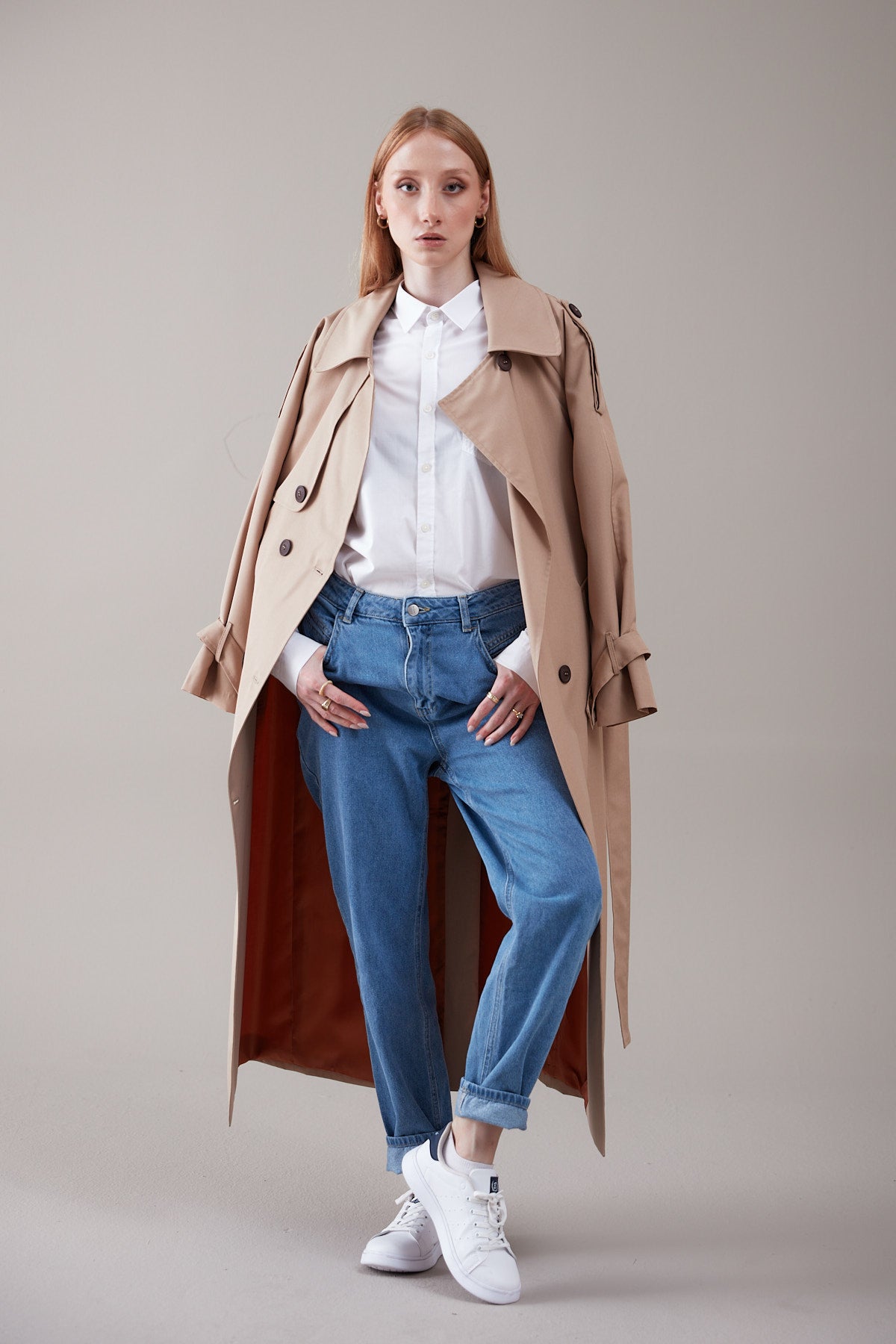 Trençkot Oversize Kol Detaylı Astarlı Geniş Kesim Momente