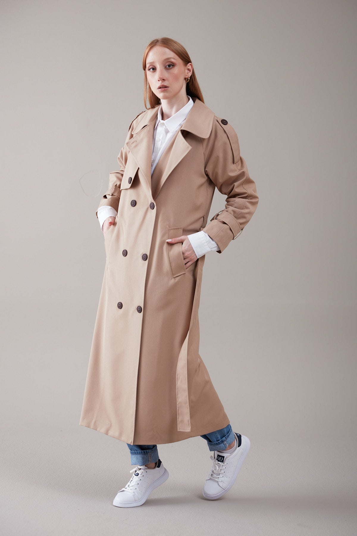 Trençkot Oversize Kol Detaylı Astarlı Geniş Kesim Momente