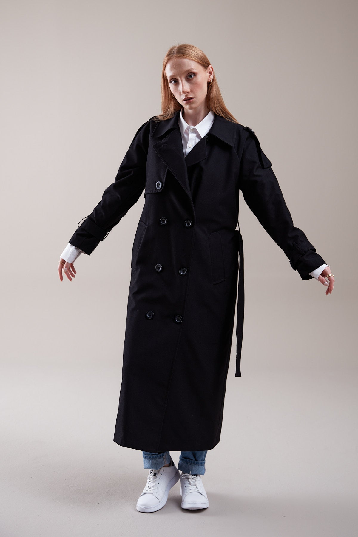 Trençkot Oversize Kol Detaylı Astarlı Geniş Kesim Momente