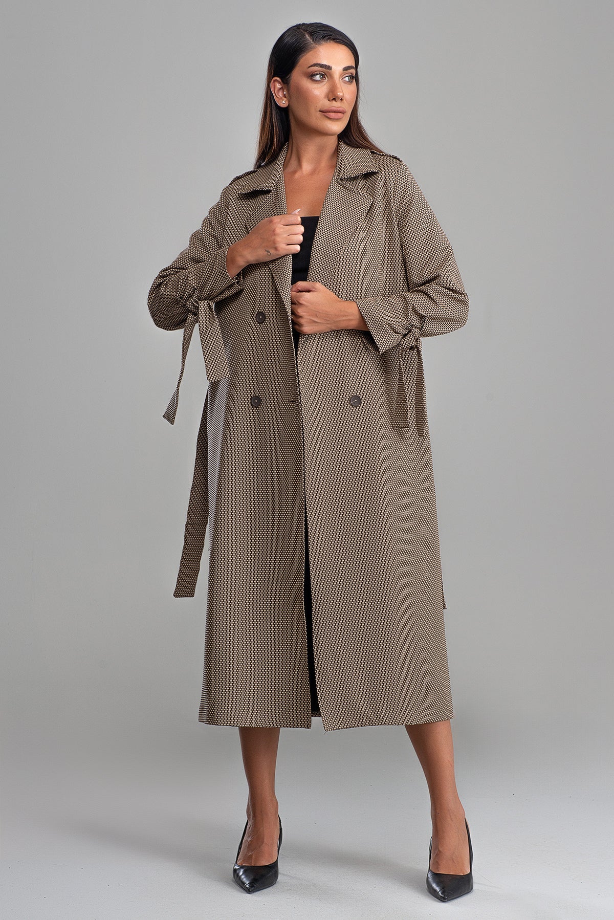 Trençkot Oversize Astarlı Rüzgarlık Detaylı Desenli Geniş Kesim Nora