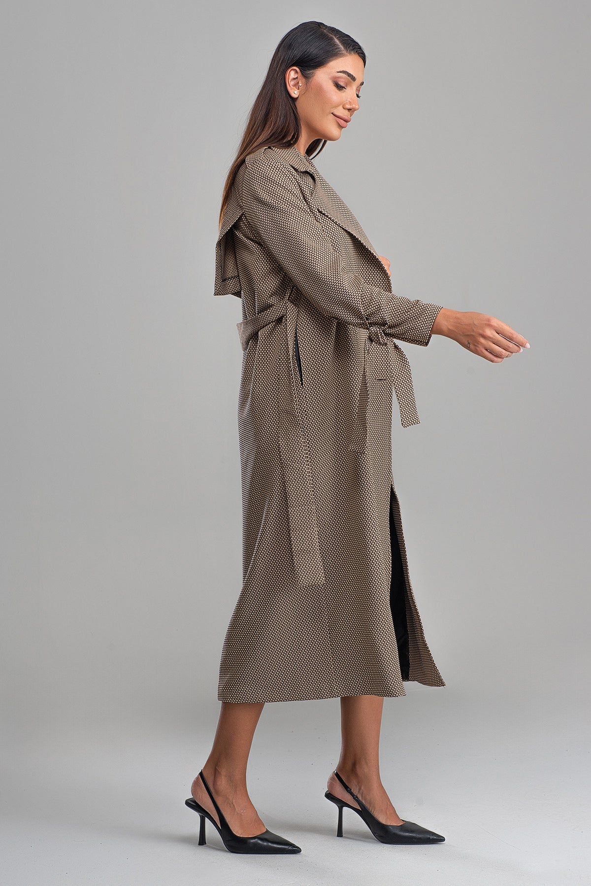 Trençkot Oversize Astarlı Rüzgarlık Detaylı Desenli Geniş Kesim Nora