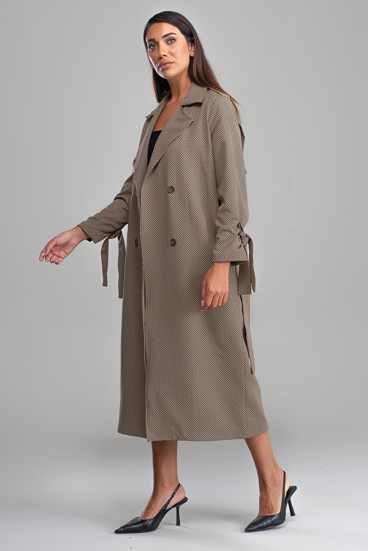 Trençkot Oversize Astarlı Rüzgarlık Detaylı Desenli Geniş Kesim Nora