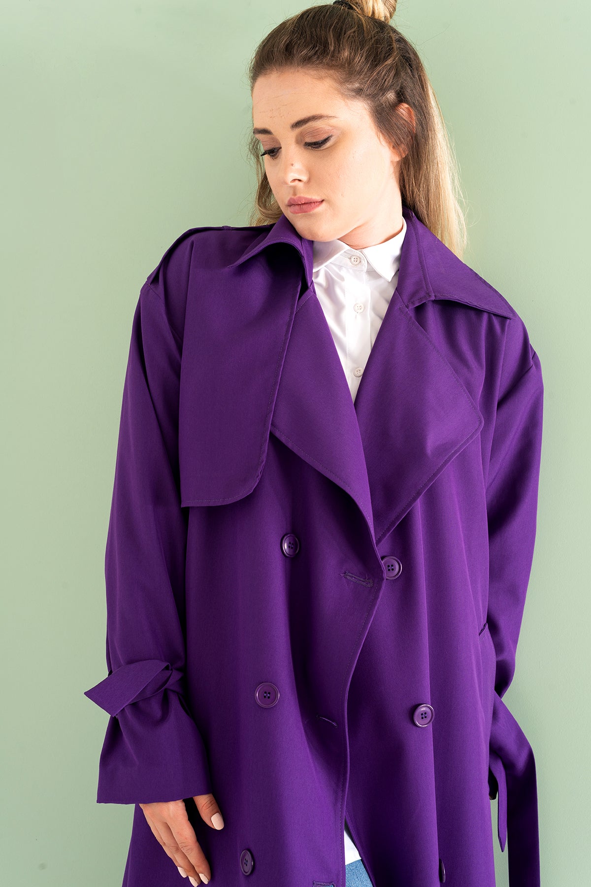 Trençkot Oversize Astarlı Geniş Kesim Pelerin Detaylı Arrow