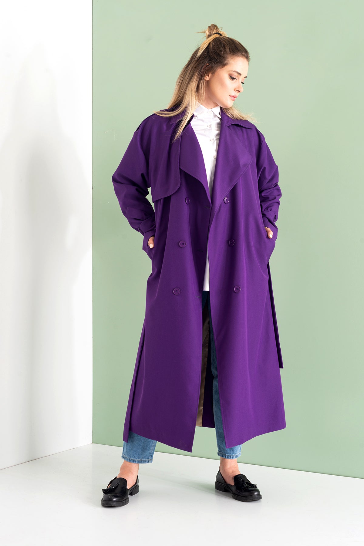 Trençkot Oversize Astarlı Geniş Kesim Pelerin Detaylı Arrow