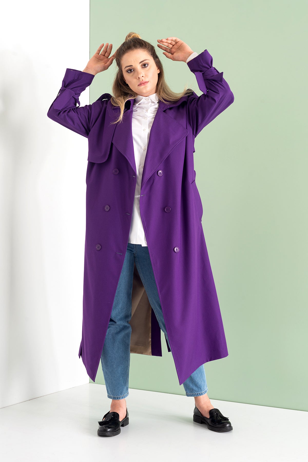 Trençkot Oversize Astarlı Geniş Kesim Pelerin Detaylı Arrow