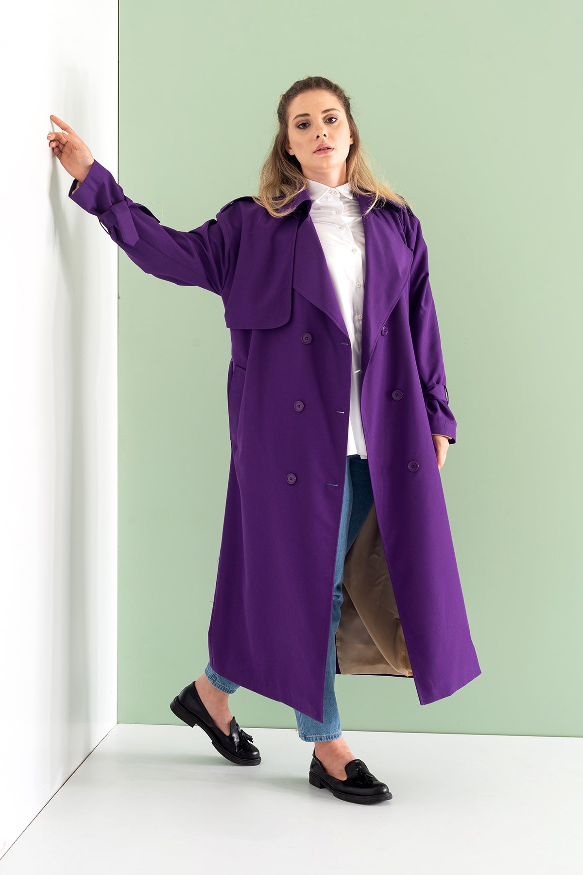 Trençkot Oversize Astarlı Geniş Kesim Pelerin Detaylı Arrow