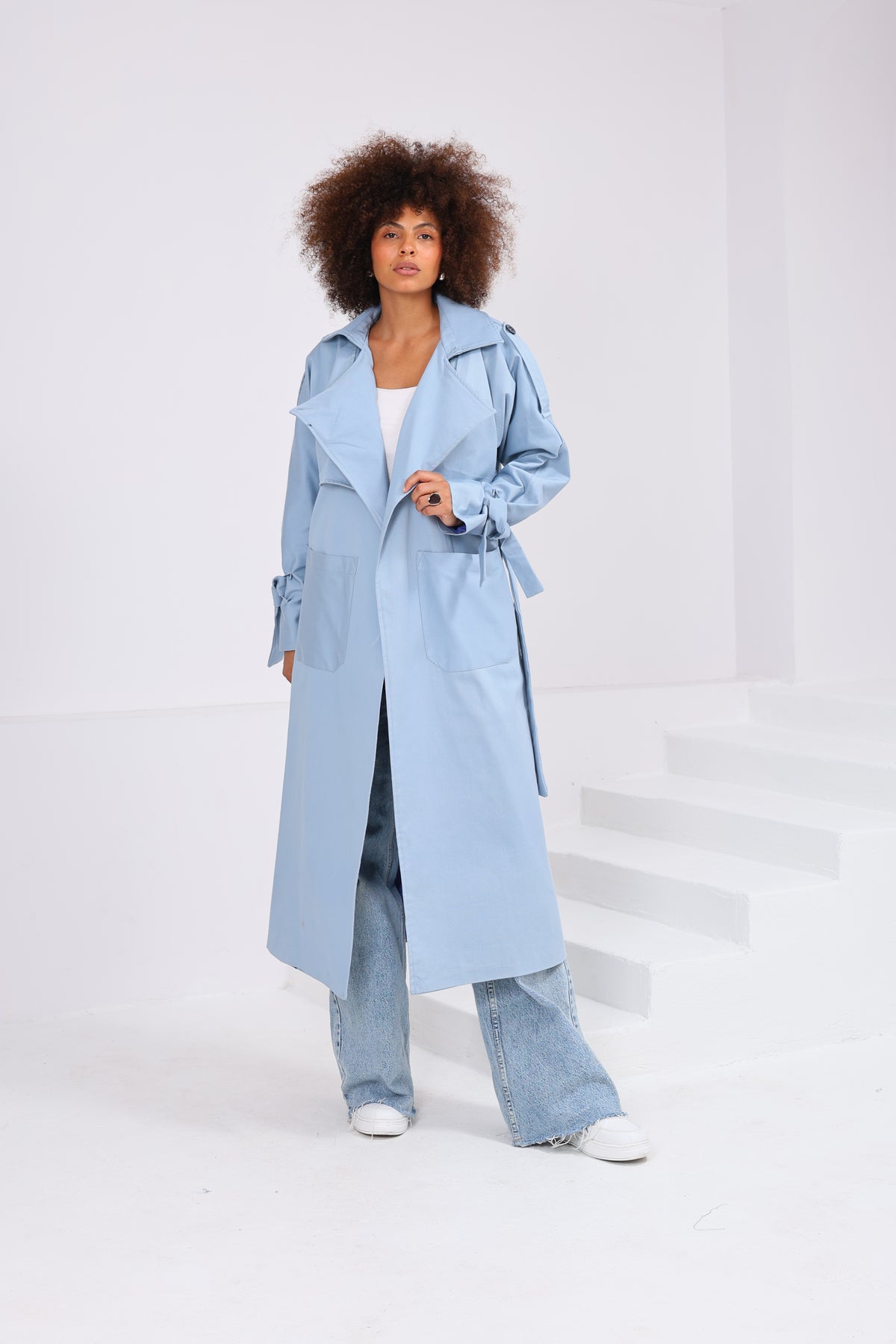 Trençkot Oversize Kol Detaylı Cepli Kuşaklı Astarlı Geniş Kesim Dina