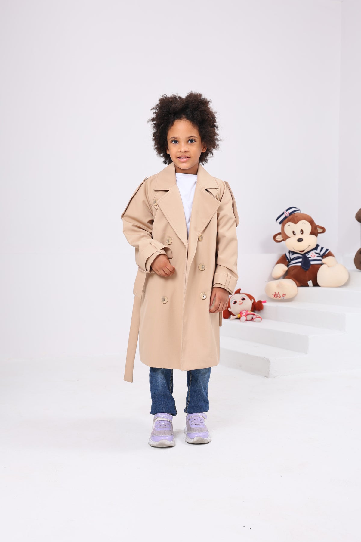 Kız Çocuk Oversize Camel Trençkot | Kuşaklı Tasarım Çocuk Trençkot