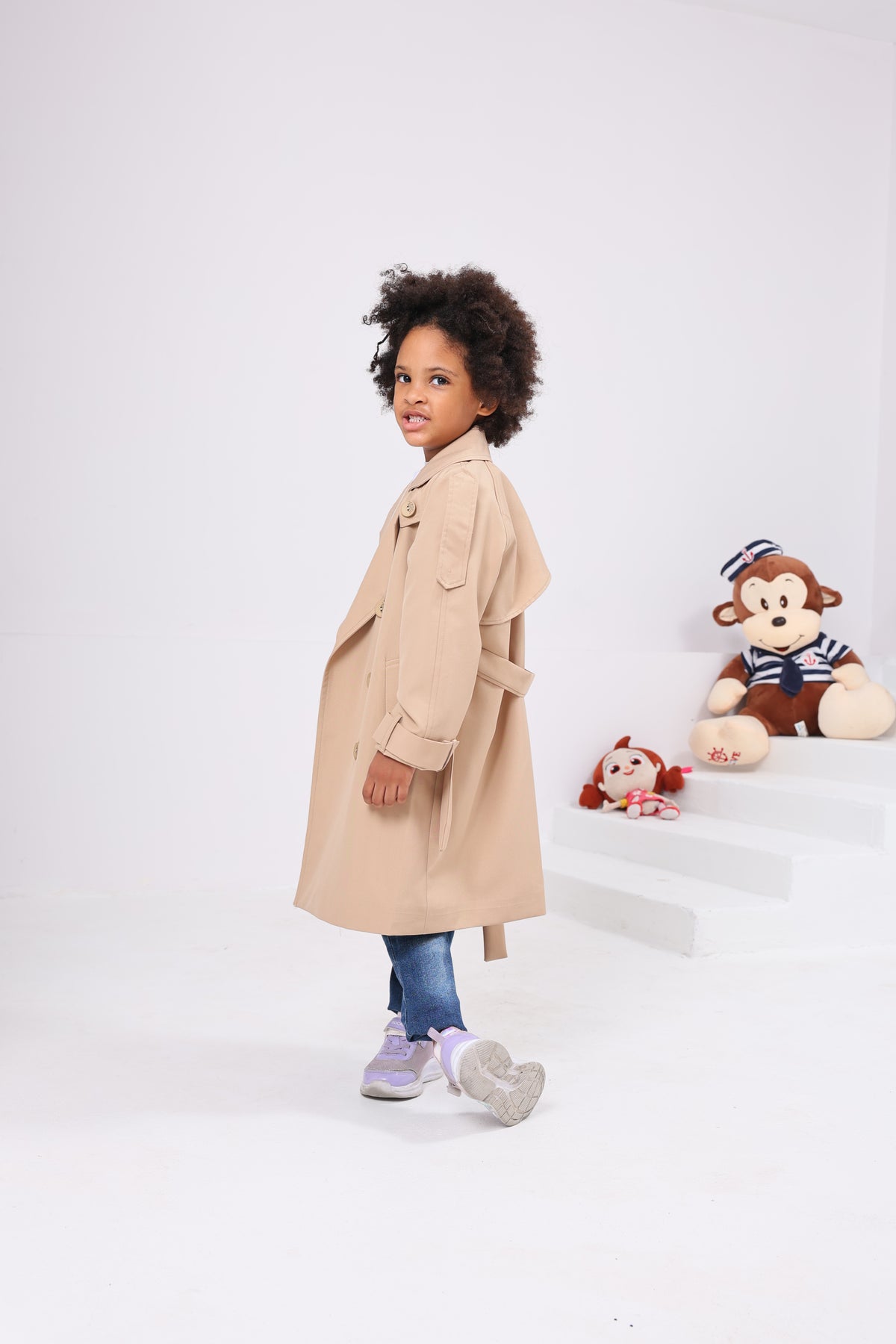 Kız Çocuk Oversize Camel Trençkot | Kuşaklı Tasarım Çocuk Trençkot