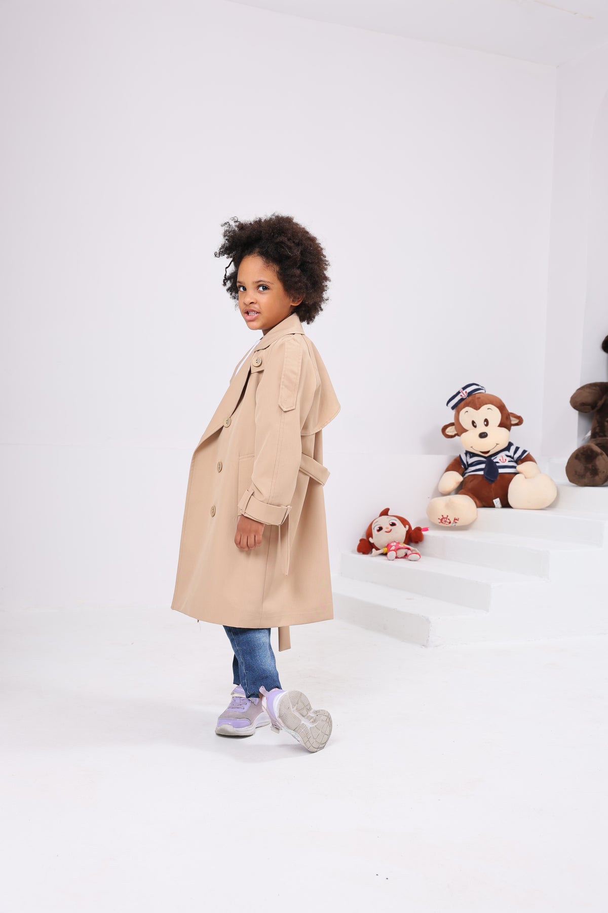 Kız Çocuk Oversize Camel Trençkot | Kuşaklı Tasarım Çocuk Trençkot
