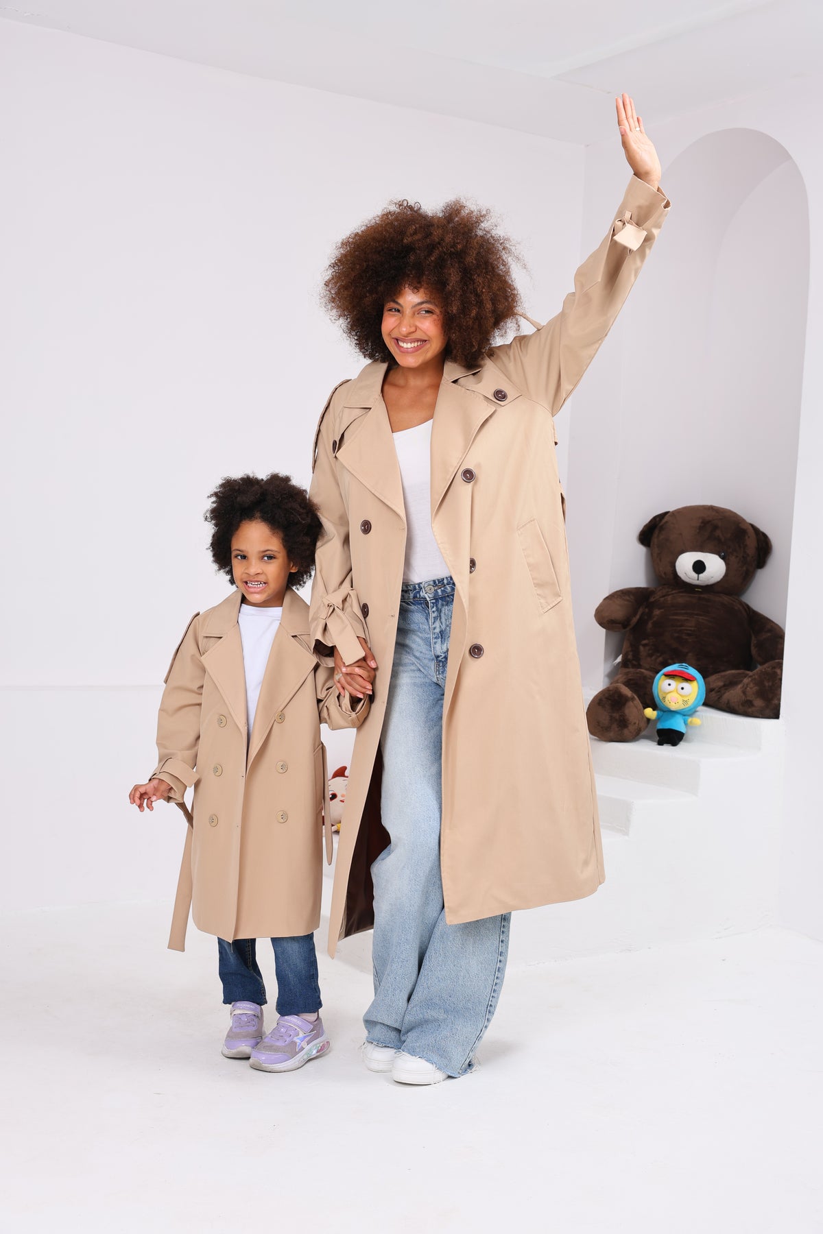 Kız Çocuk Oversize Camel Trençkot | Kuşaklı Tasarım Çocuk Trençkot