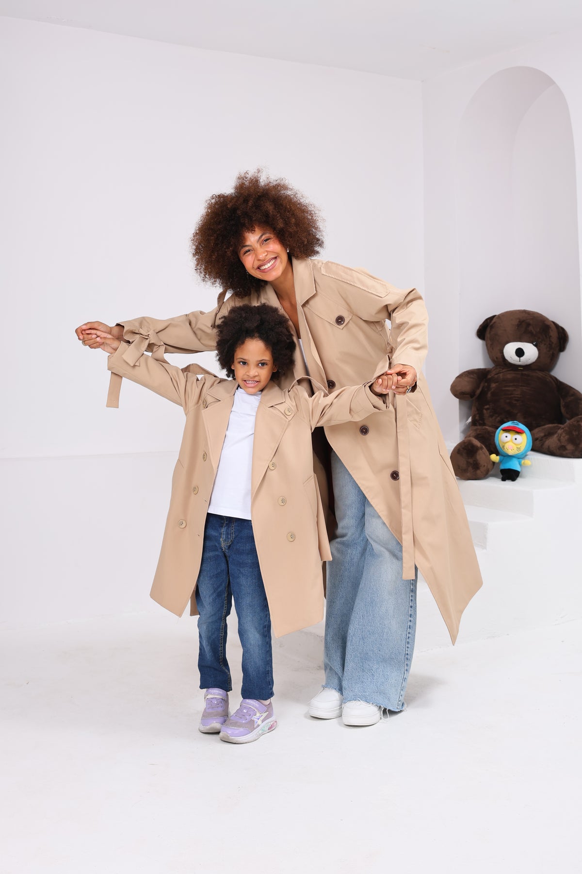 Kız Çocuk Oversize Camel Trençkot | Kuşaklı Tasarım Çocuk Trençkot