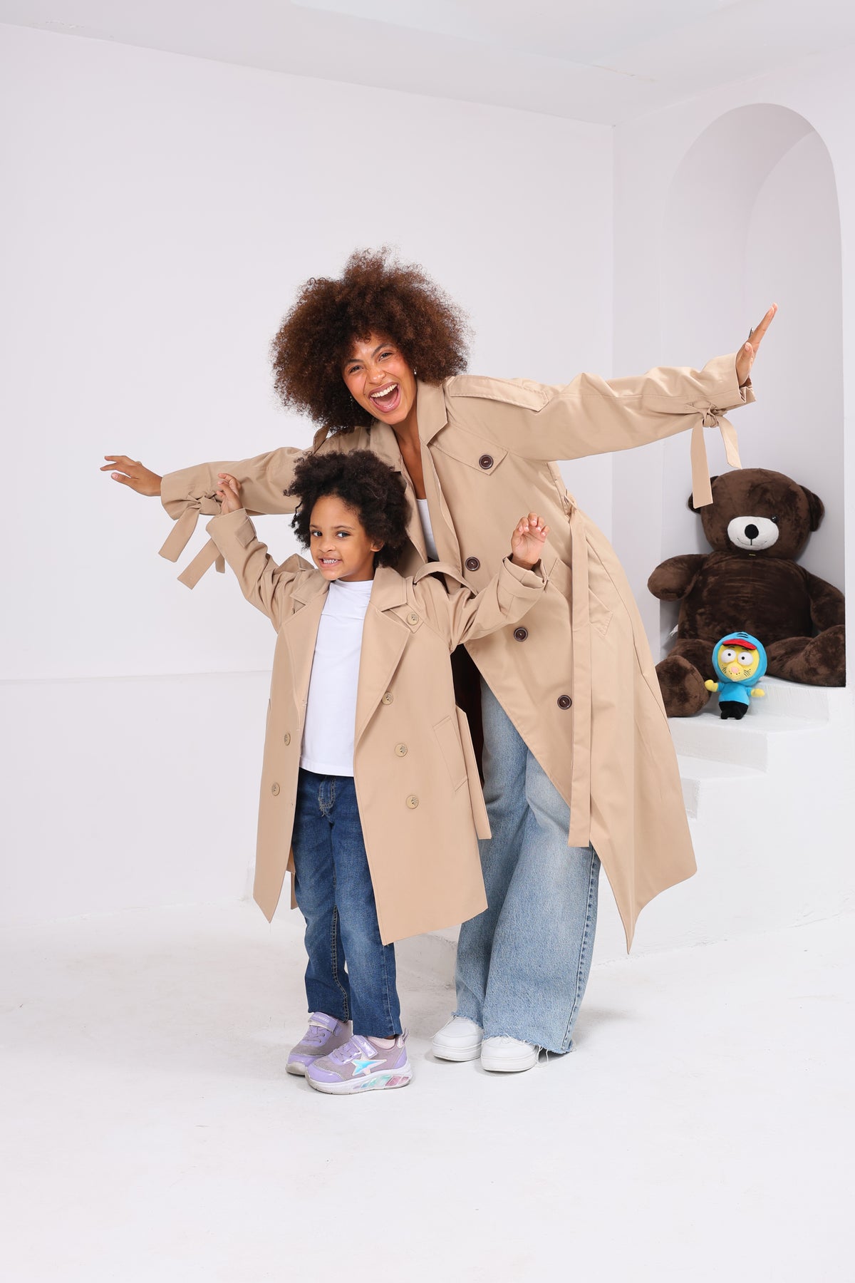 Kız Çocuk Oversize Camel Trençkot | Kuşaklı Tasarım Çocuk Trençkot