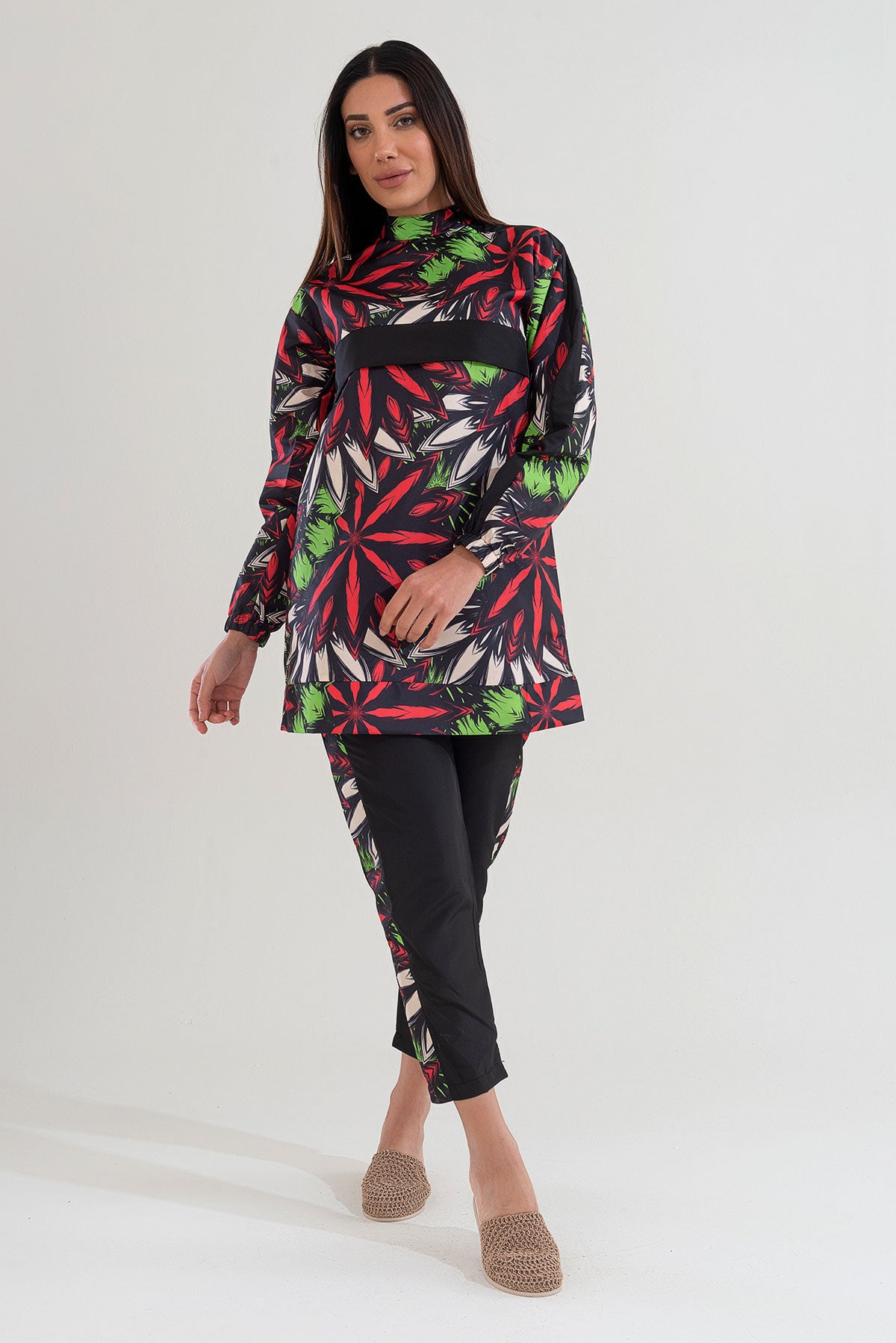 Desenli Tam Kapalı Tesettür Mayo Haşema