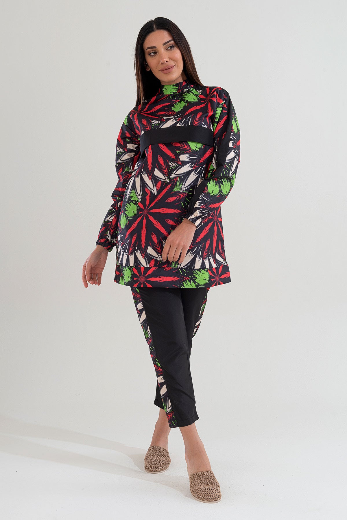 Desenli Tam Kapalı Tesettür Mayo Haşema