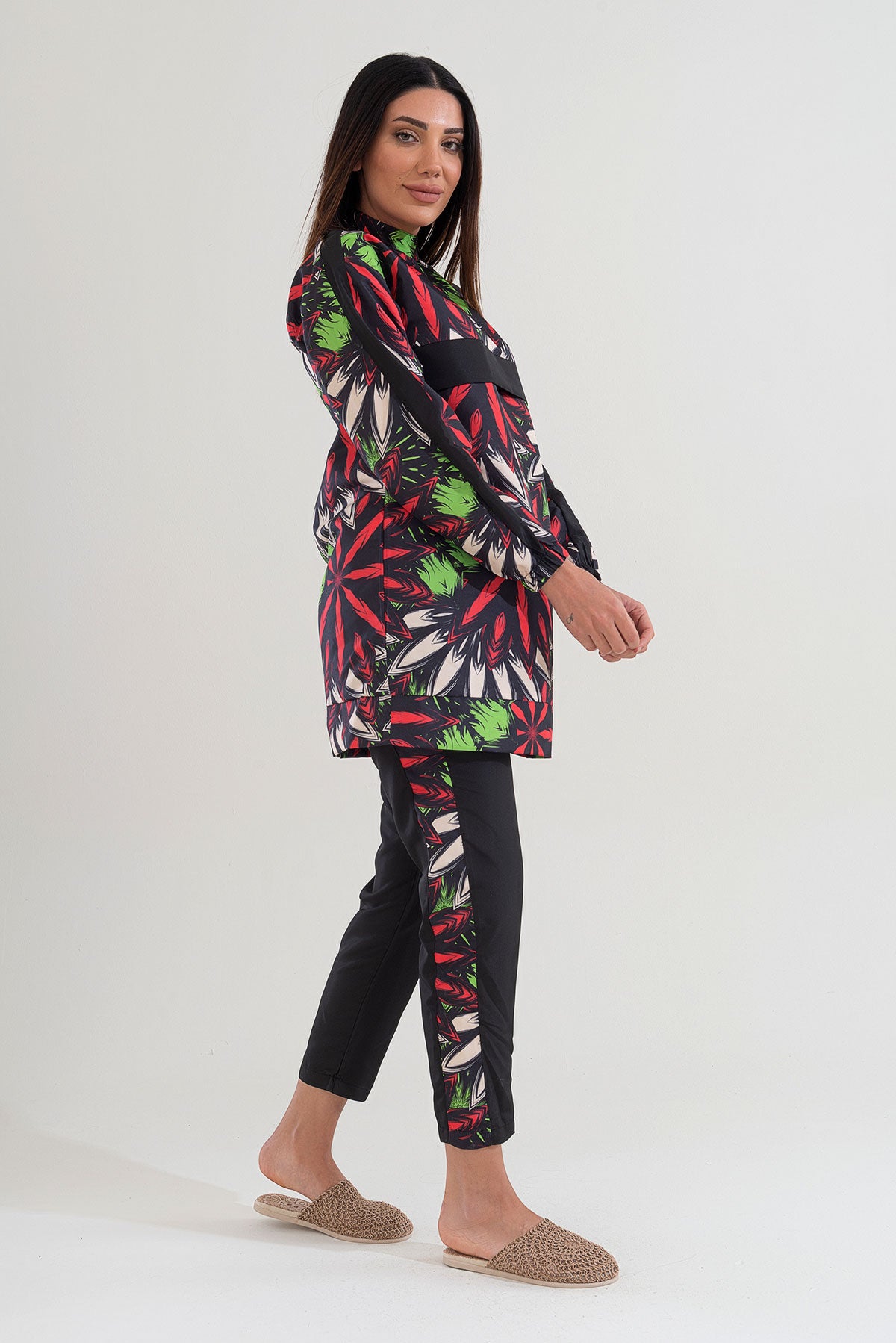 Desenli Tam Kapalı Tesettür Mayo Haşema